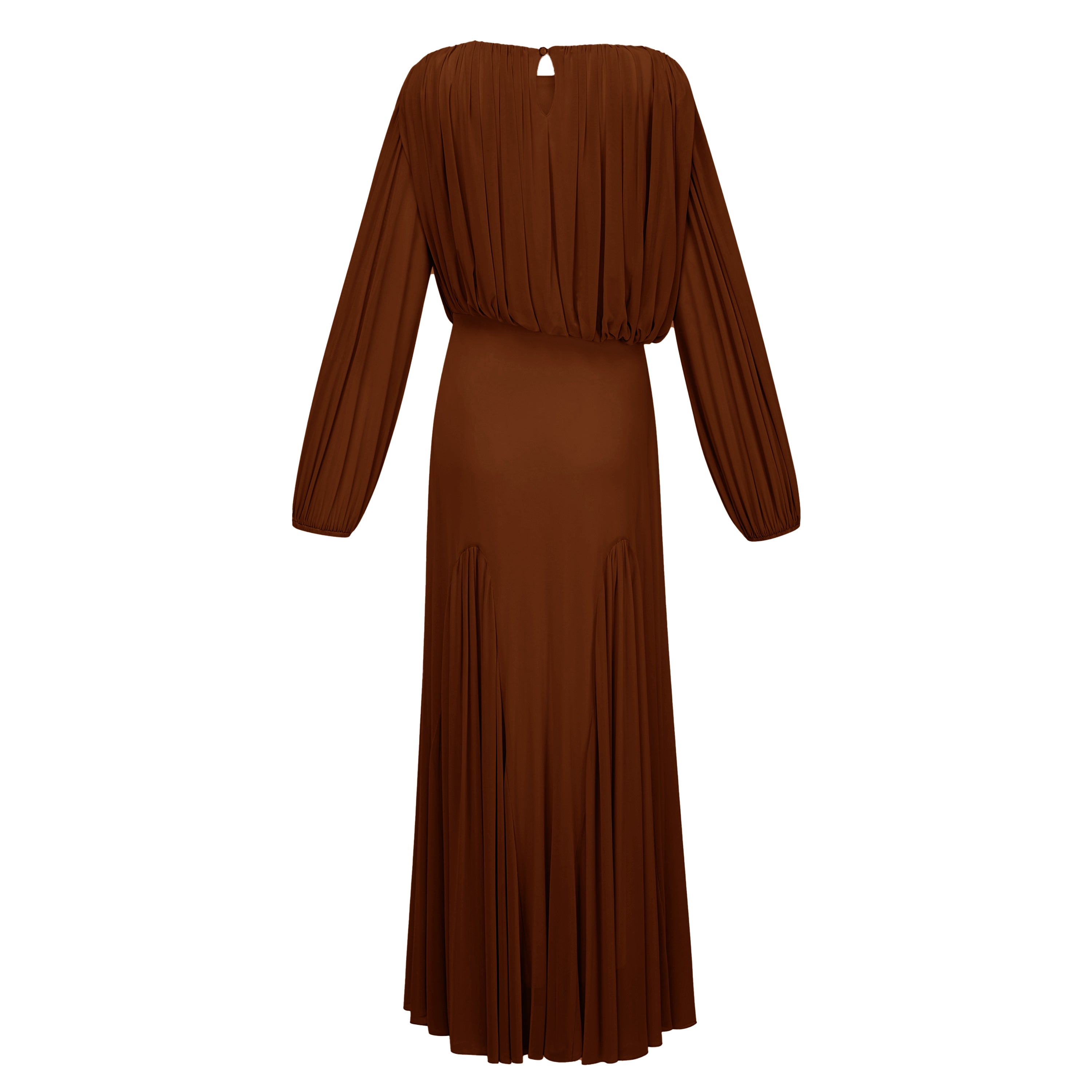 Brown Pleated Maxi Dress with Long Lantern Sleeves