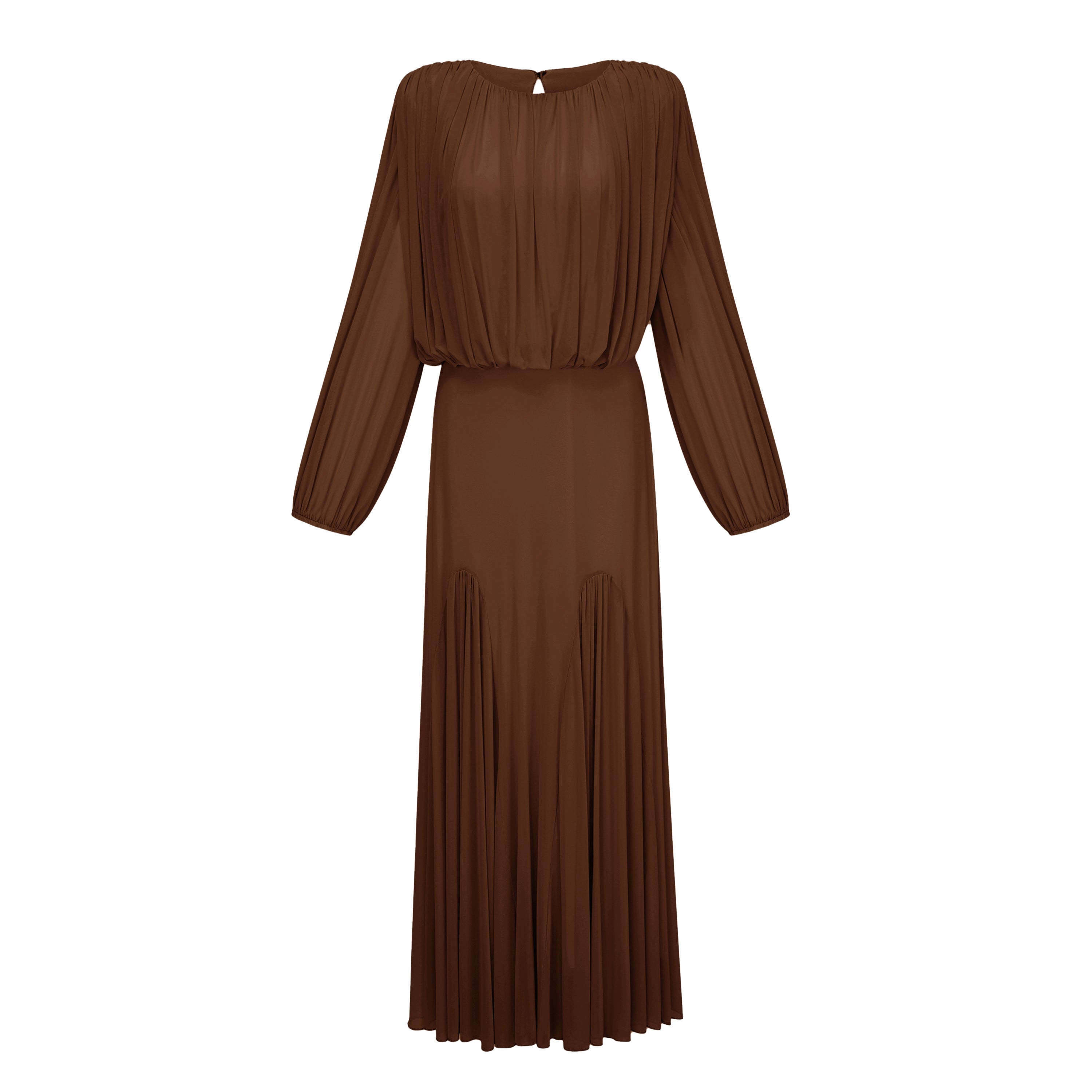 Brown Pleated Maxi Dress with Long Lantern Sleeves