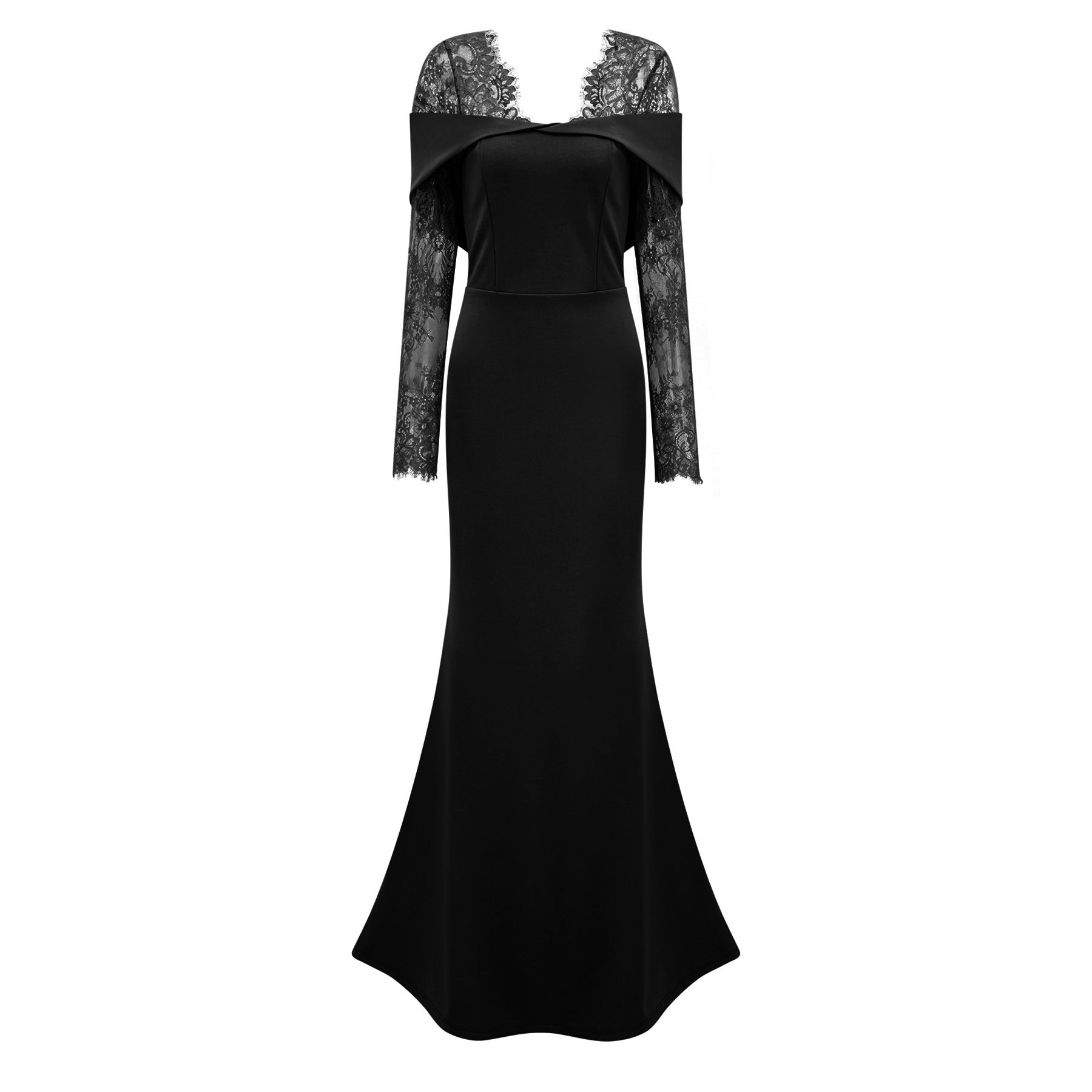 Black Lace Panel Flared Maxi Gown