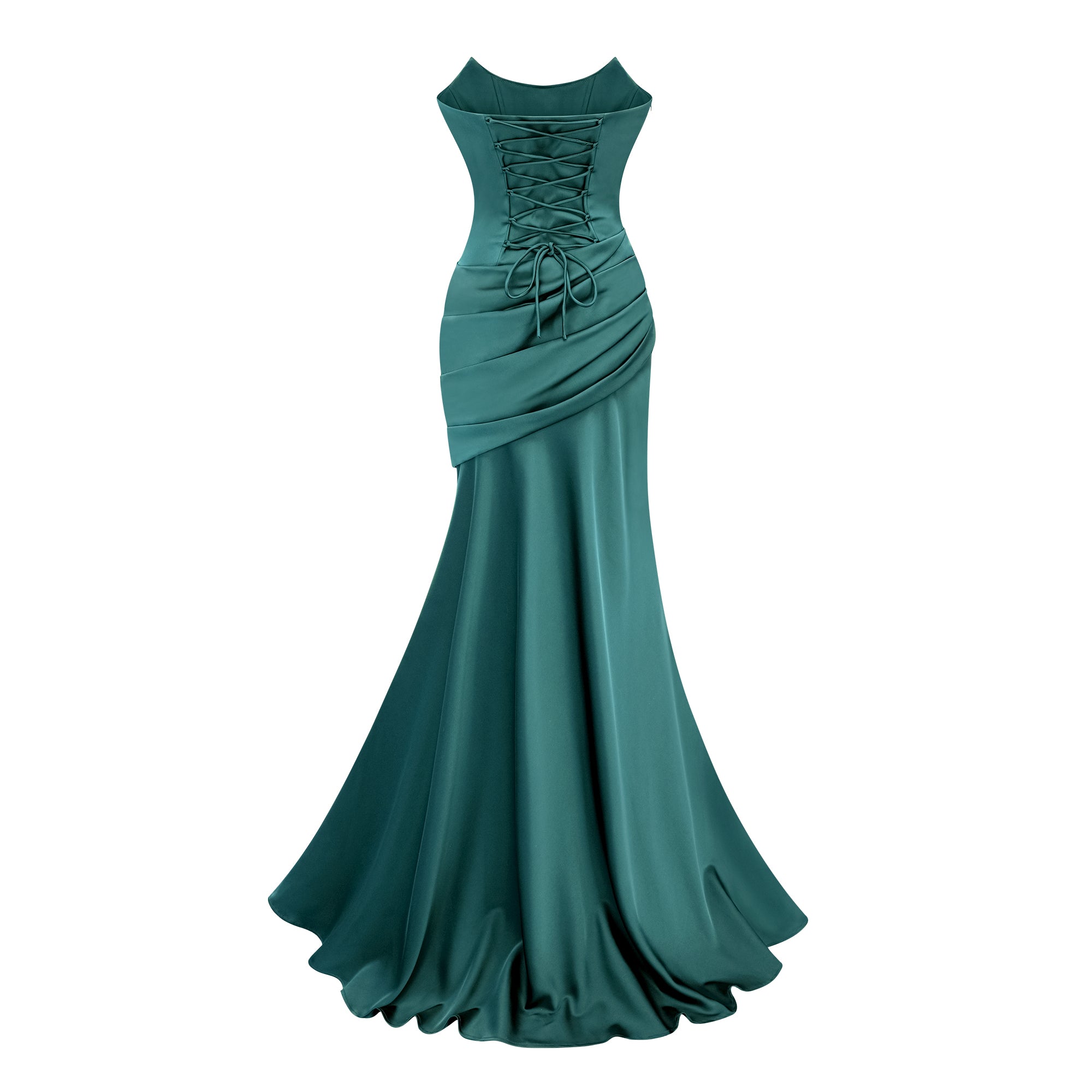 Green Ruched Satin Maxi Dress