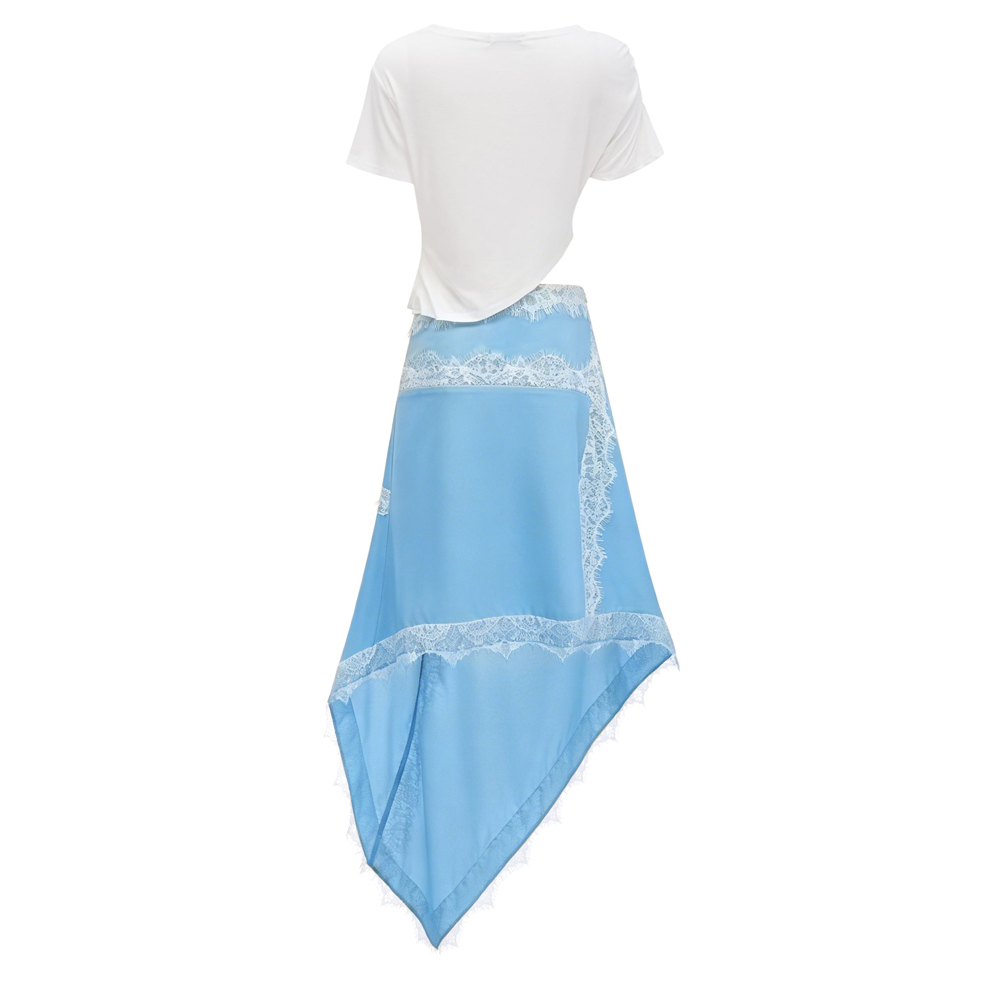 Asymmetrical Blue Silk Maxi Skirt with White Lace Trim and White Draped Crop Top