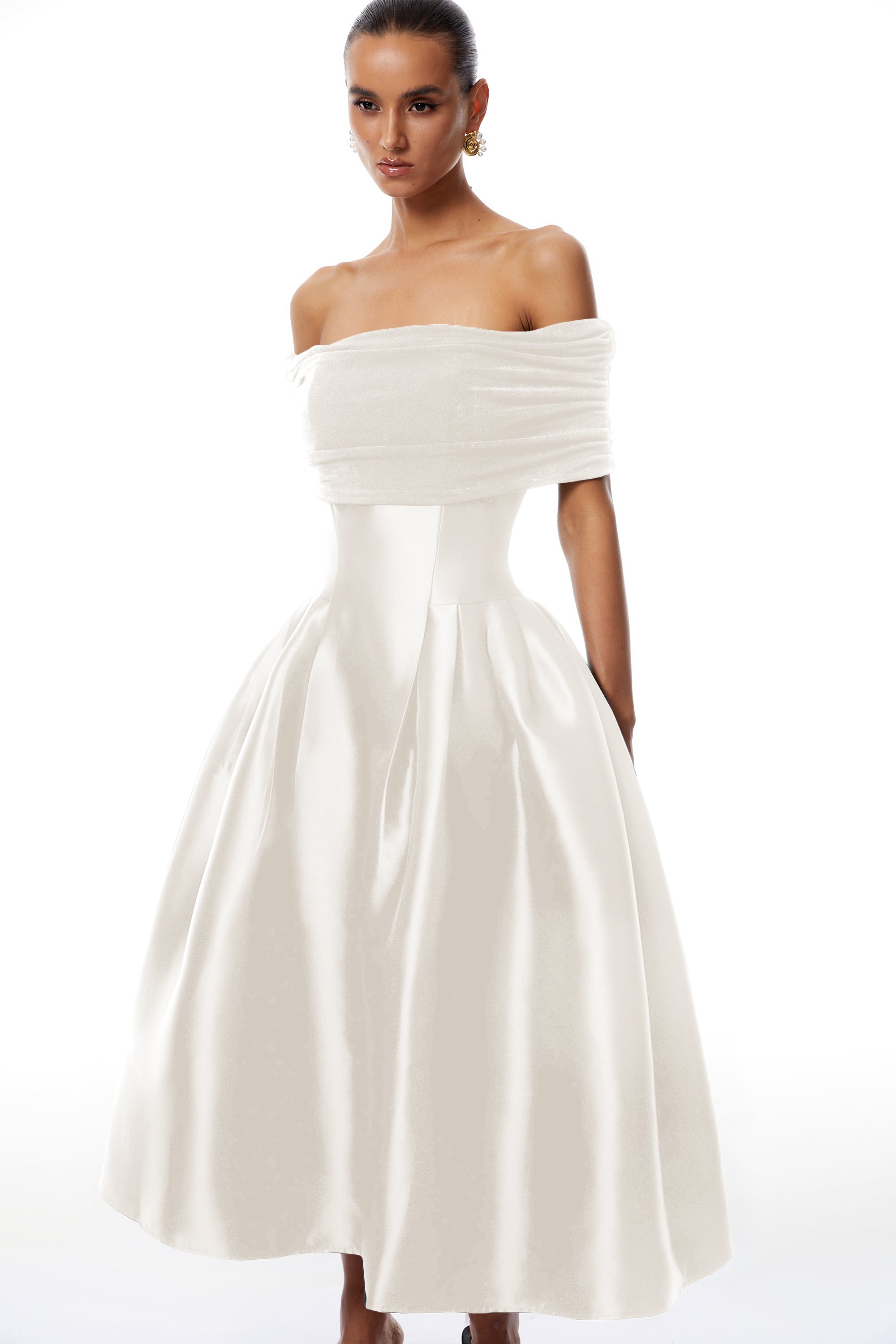 White Off Shoulder Polished Midi Dress