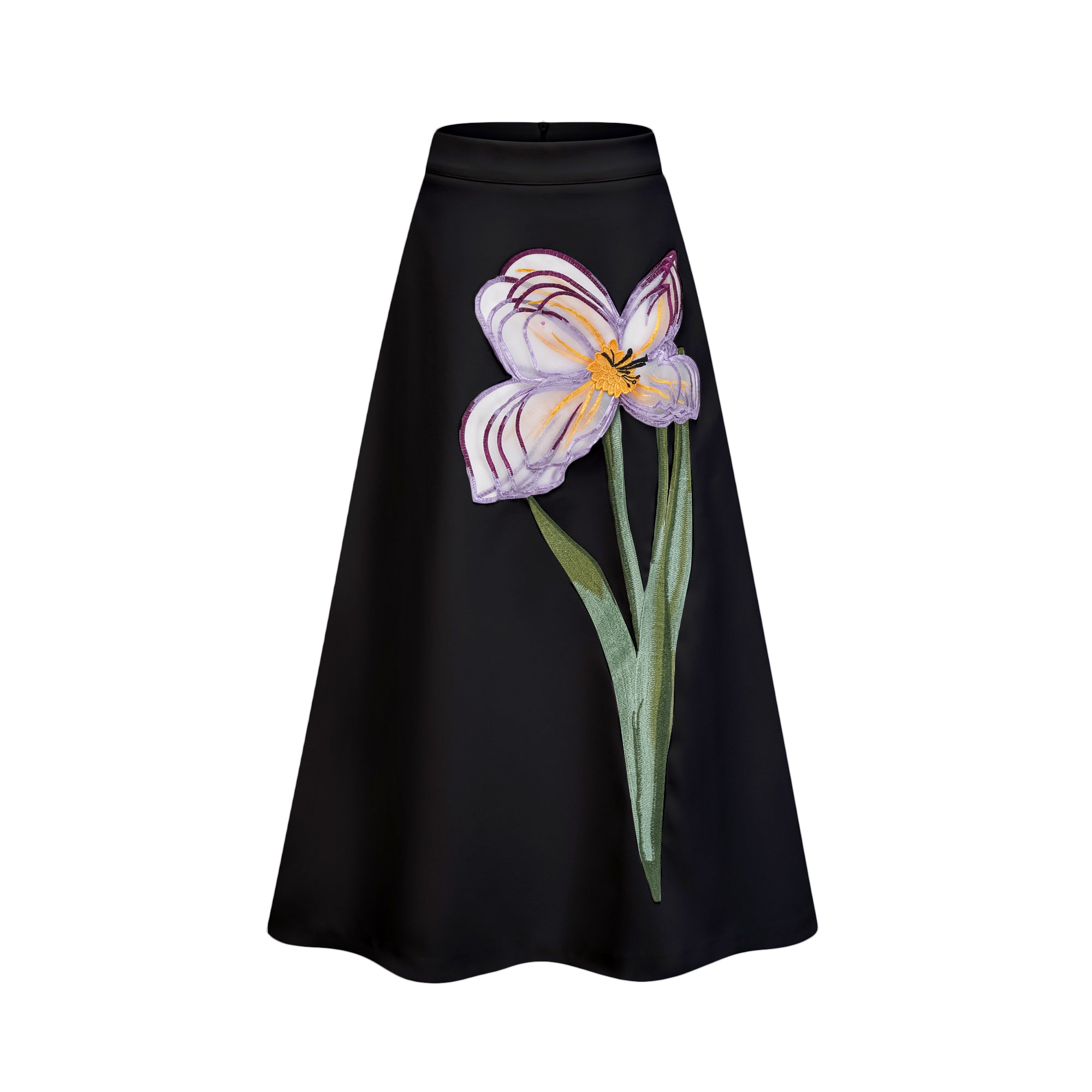 Black short-sleeve crop top and maxi skirt set with large floral embroidery