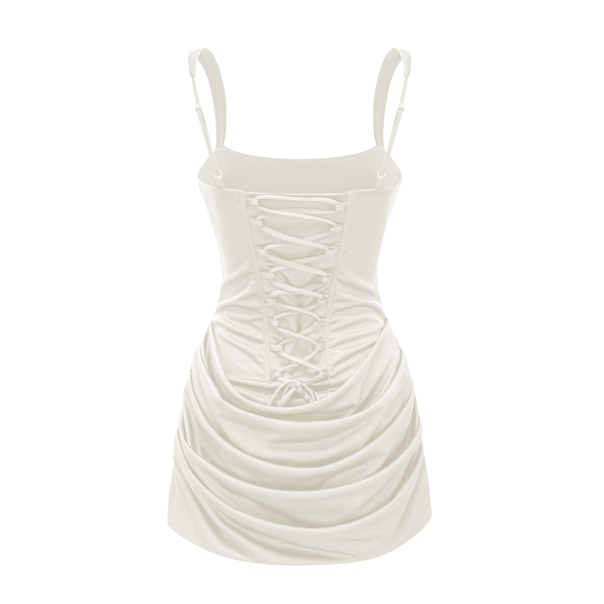 White corset mini dress with a draped skirt