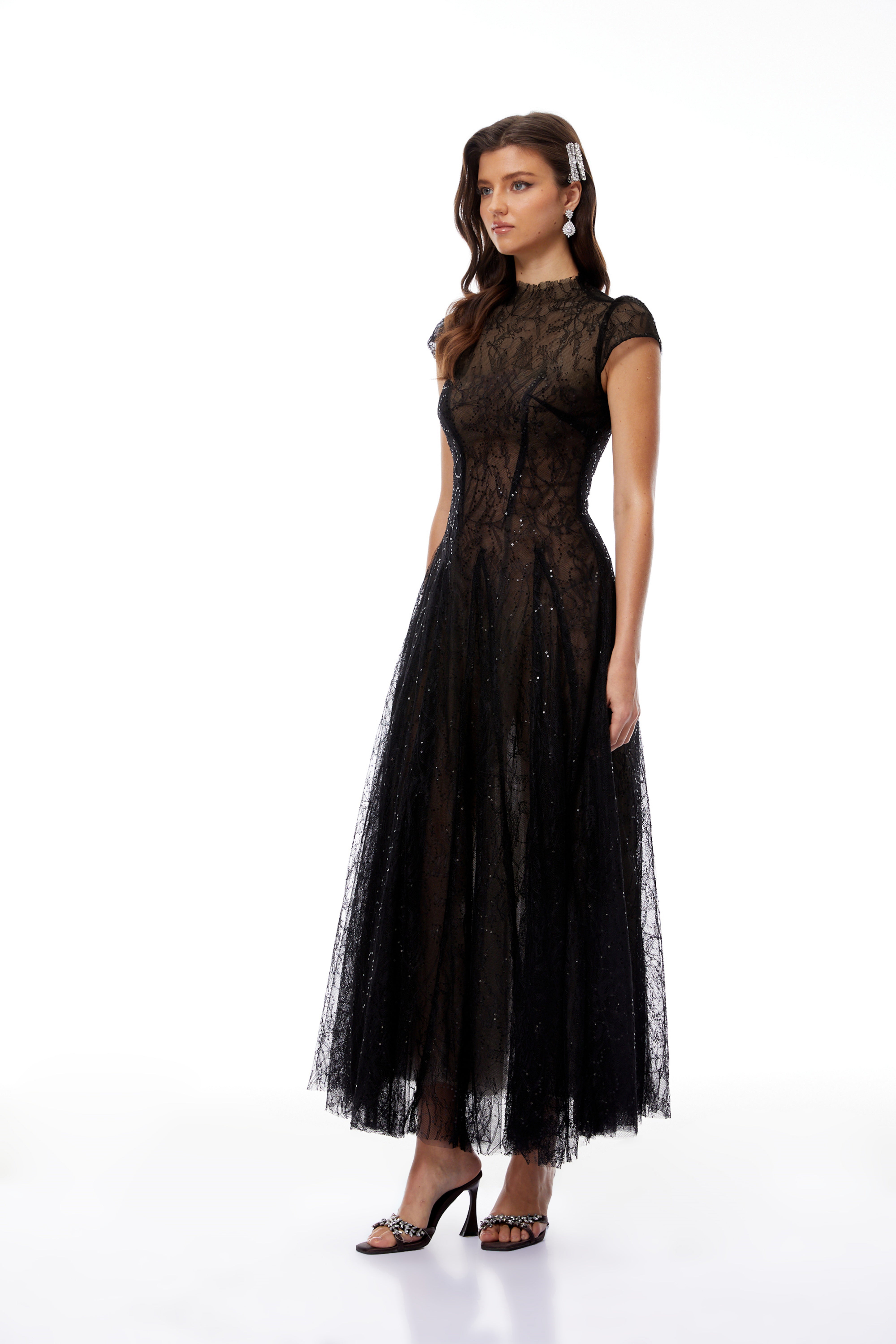 Black Lace Glitter Tulle Maxi Gown