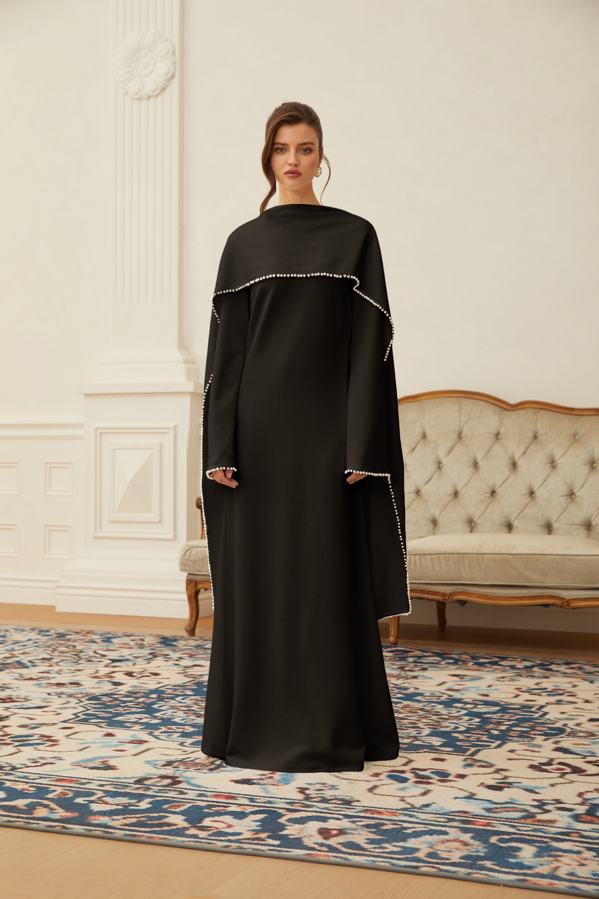Pearl Trim Shawl Detail Maxi Dress