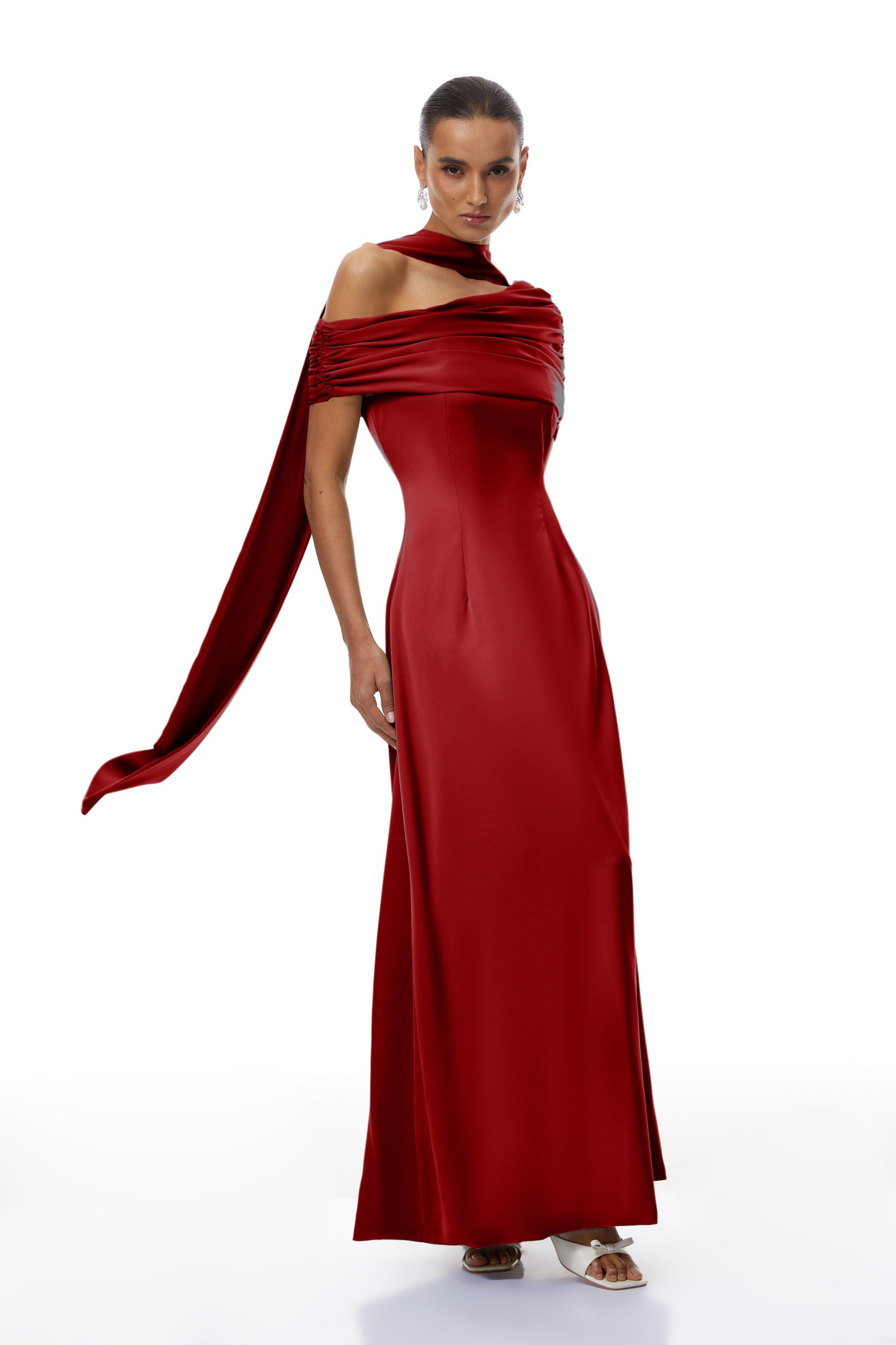 Red One-shoulder Satin Maxi Dress