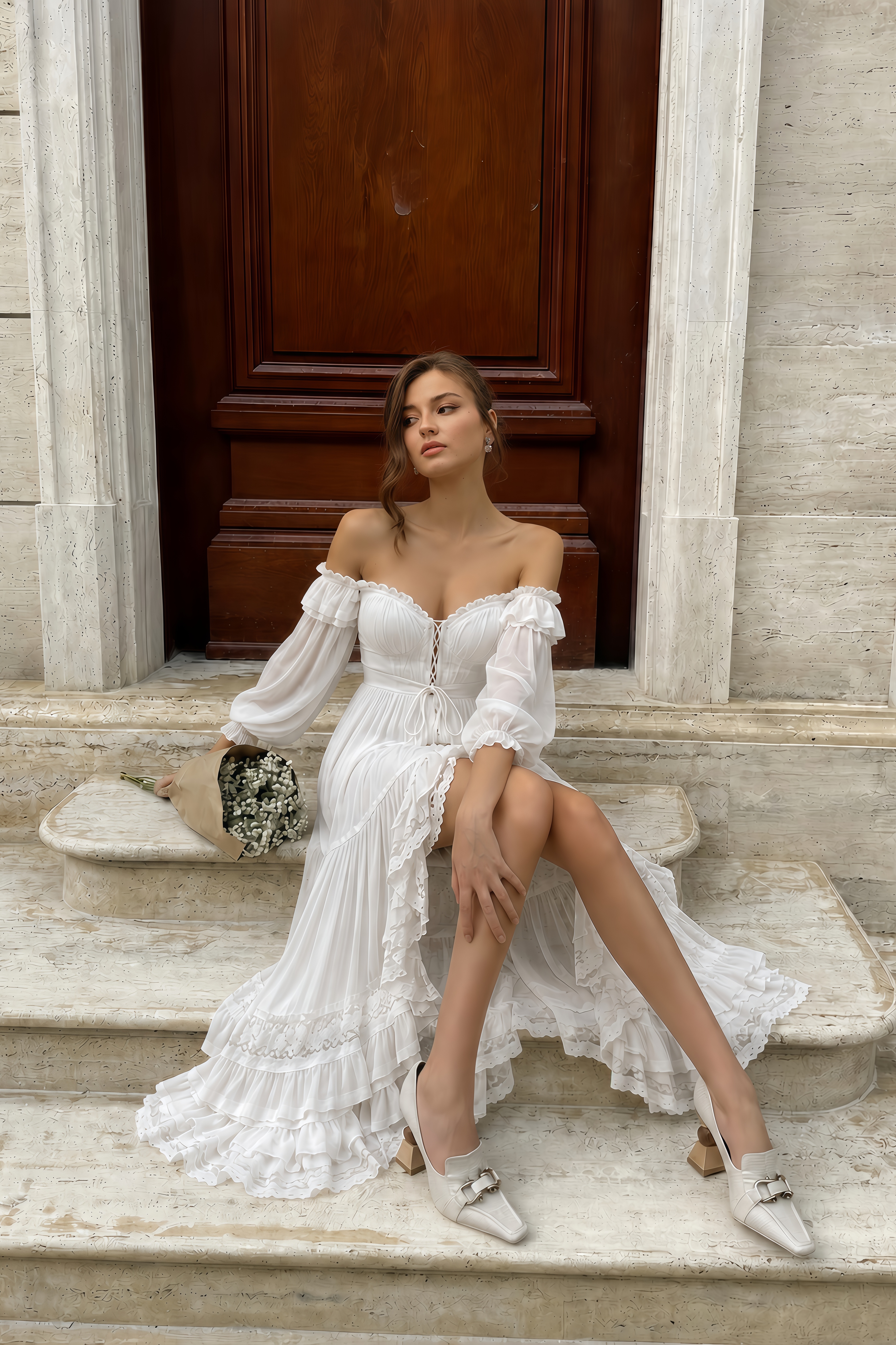 Brielle White Off Shoulder Lace Maxi Dress with Slit