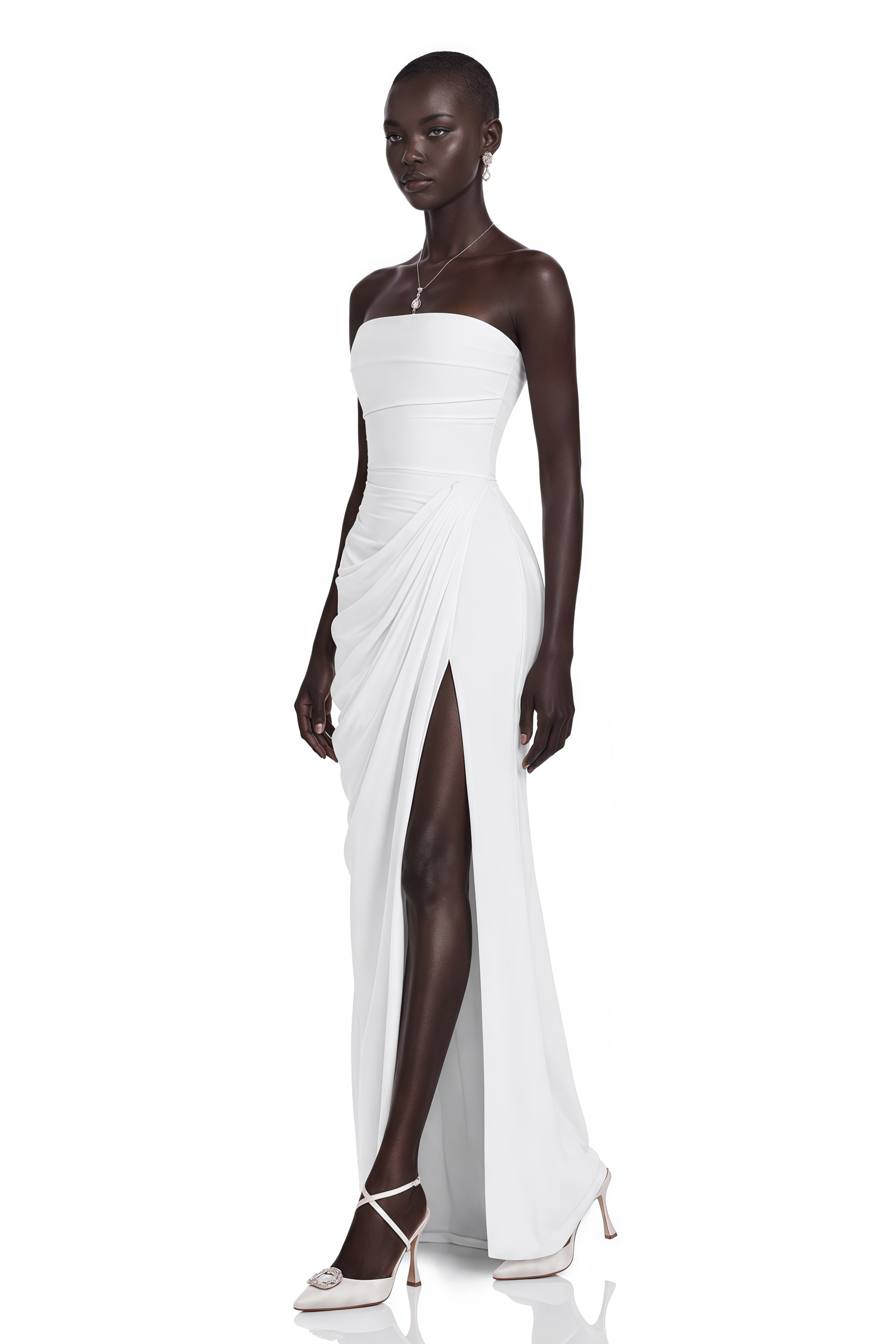 Safiya White Ruched Maxi Dress with Cross Front