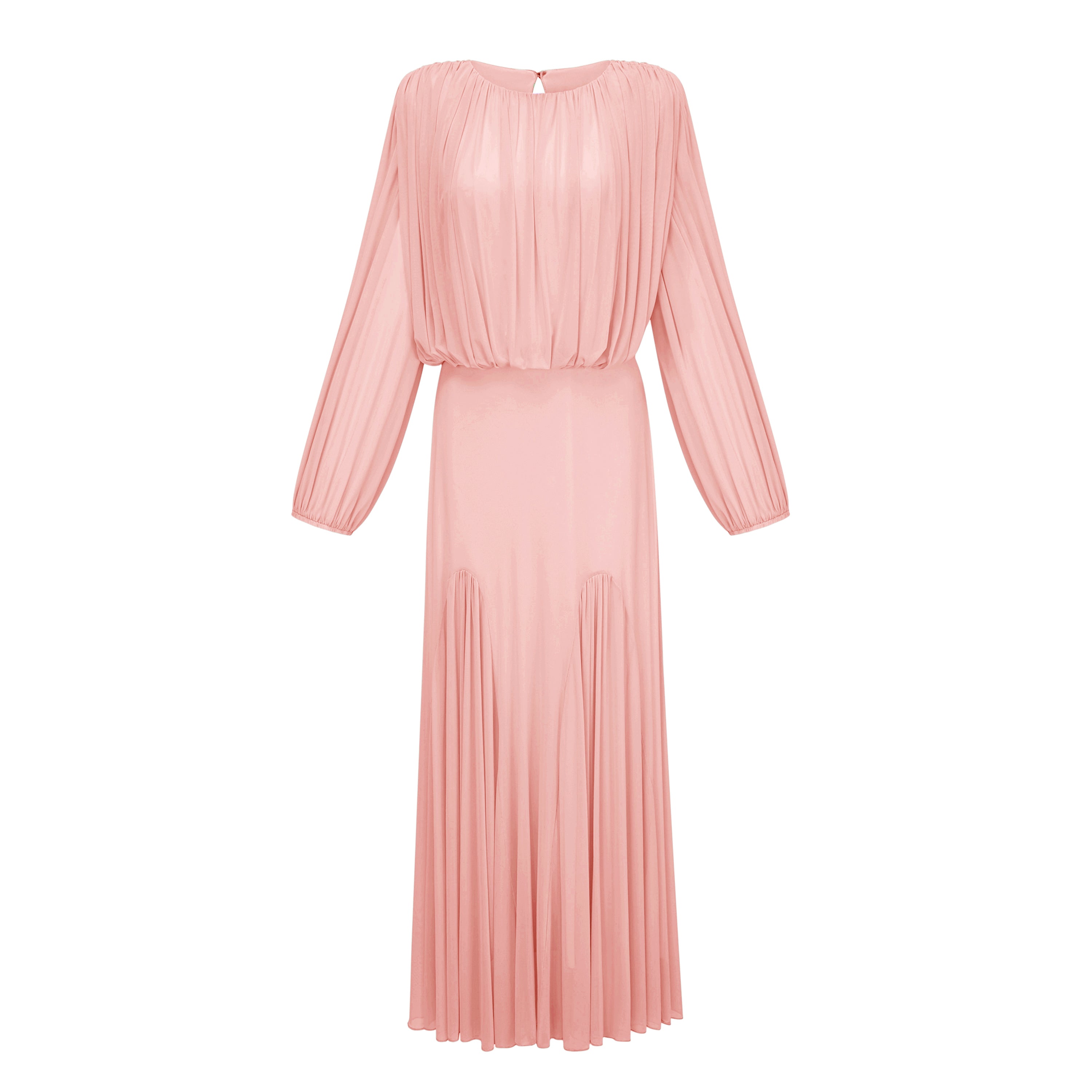 Pink pleated lantern-sleeve maxi dress