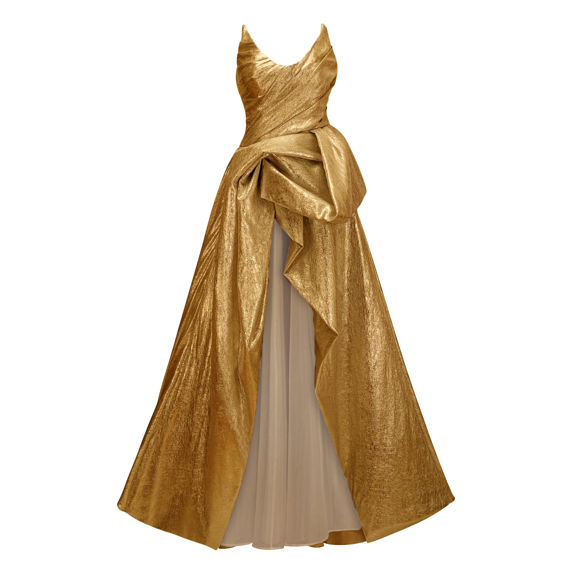 Metallic gold strapless gown with high slit