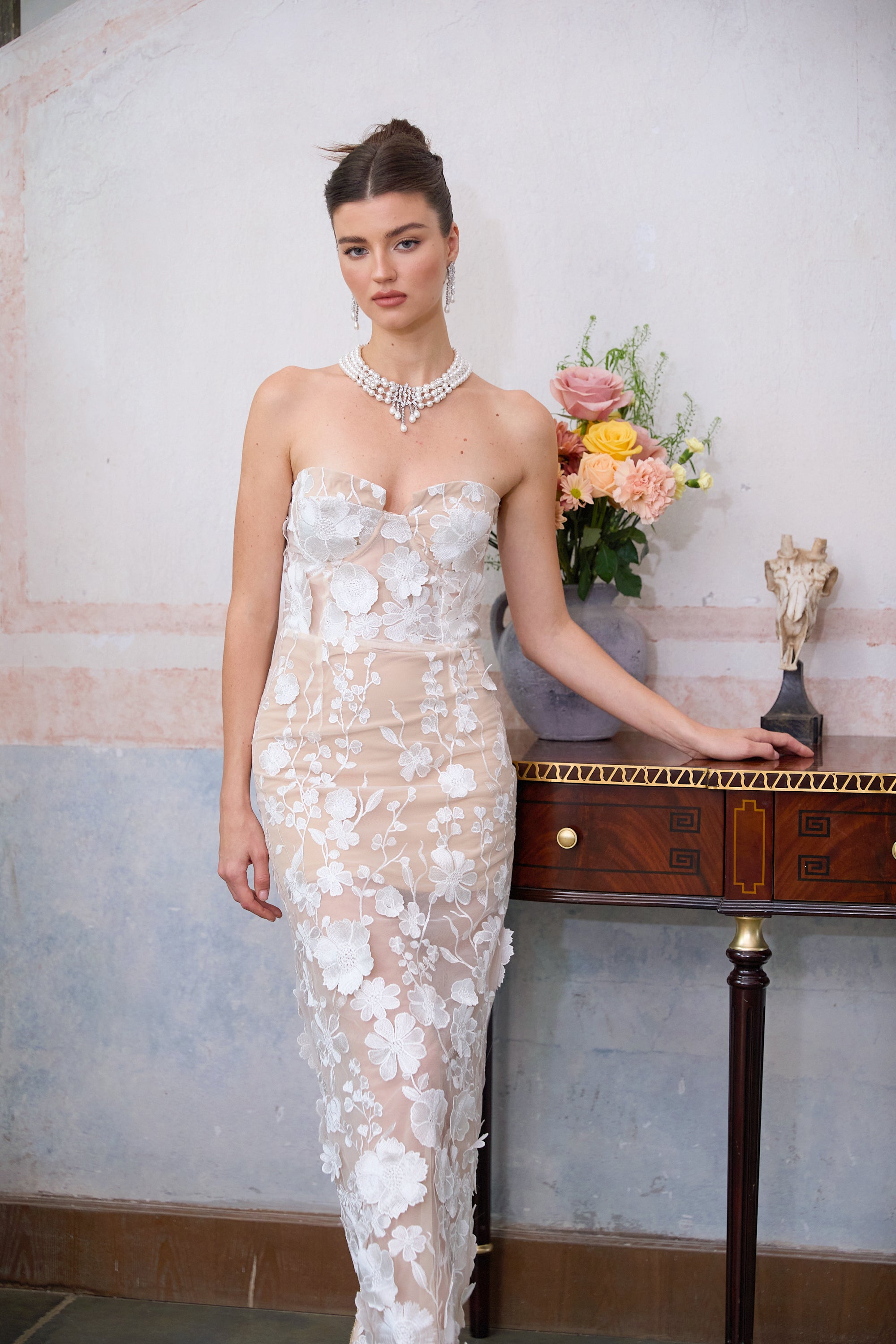 Strapless sheer gown with white 3D floral appliques