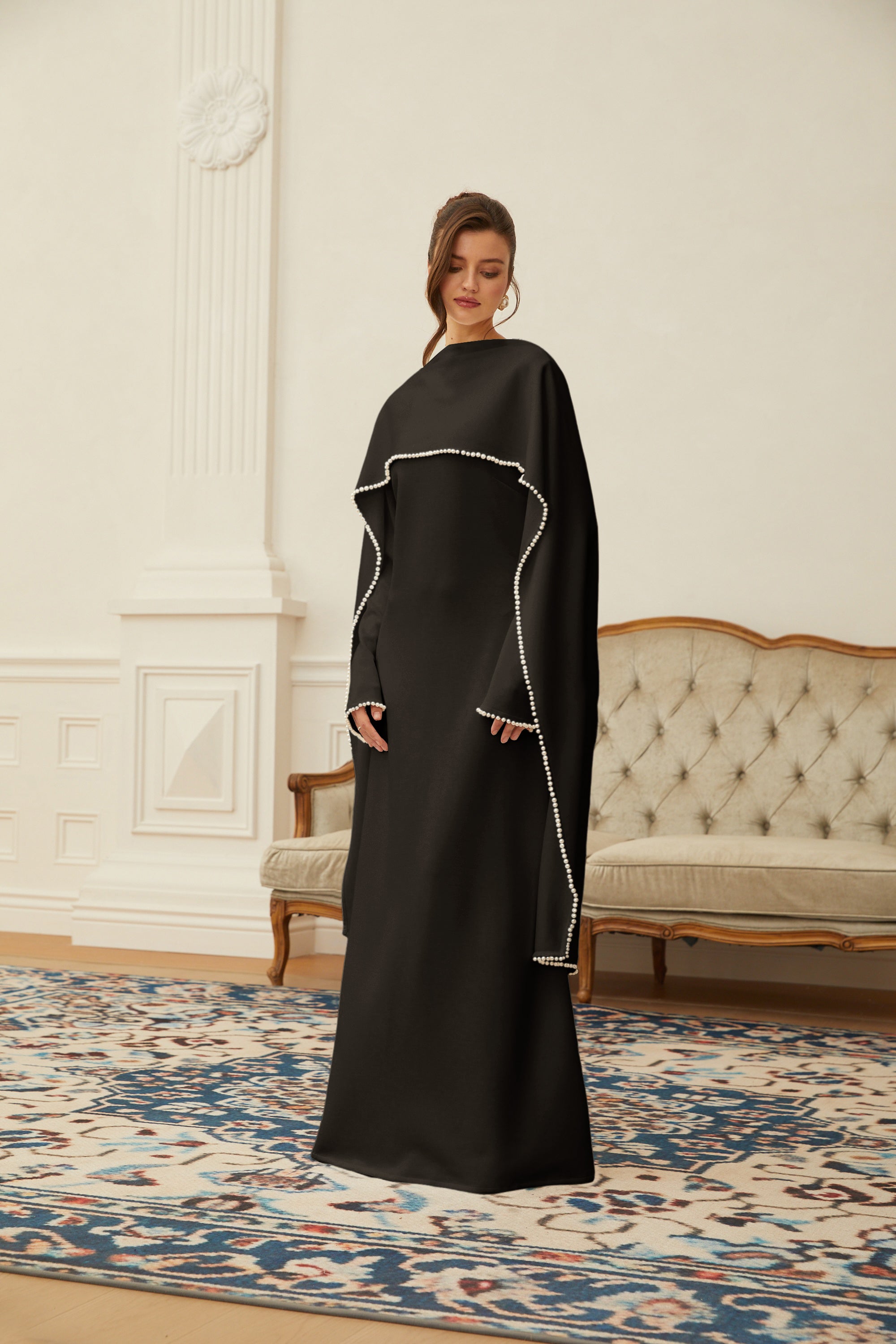 Pearl Trim Shawl Detail Maxi Dress