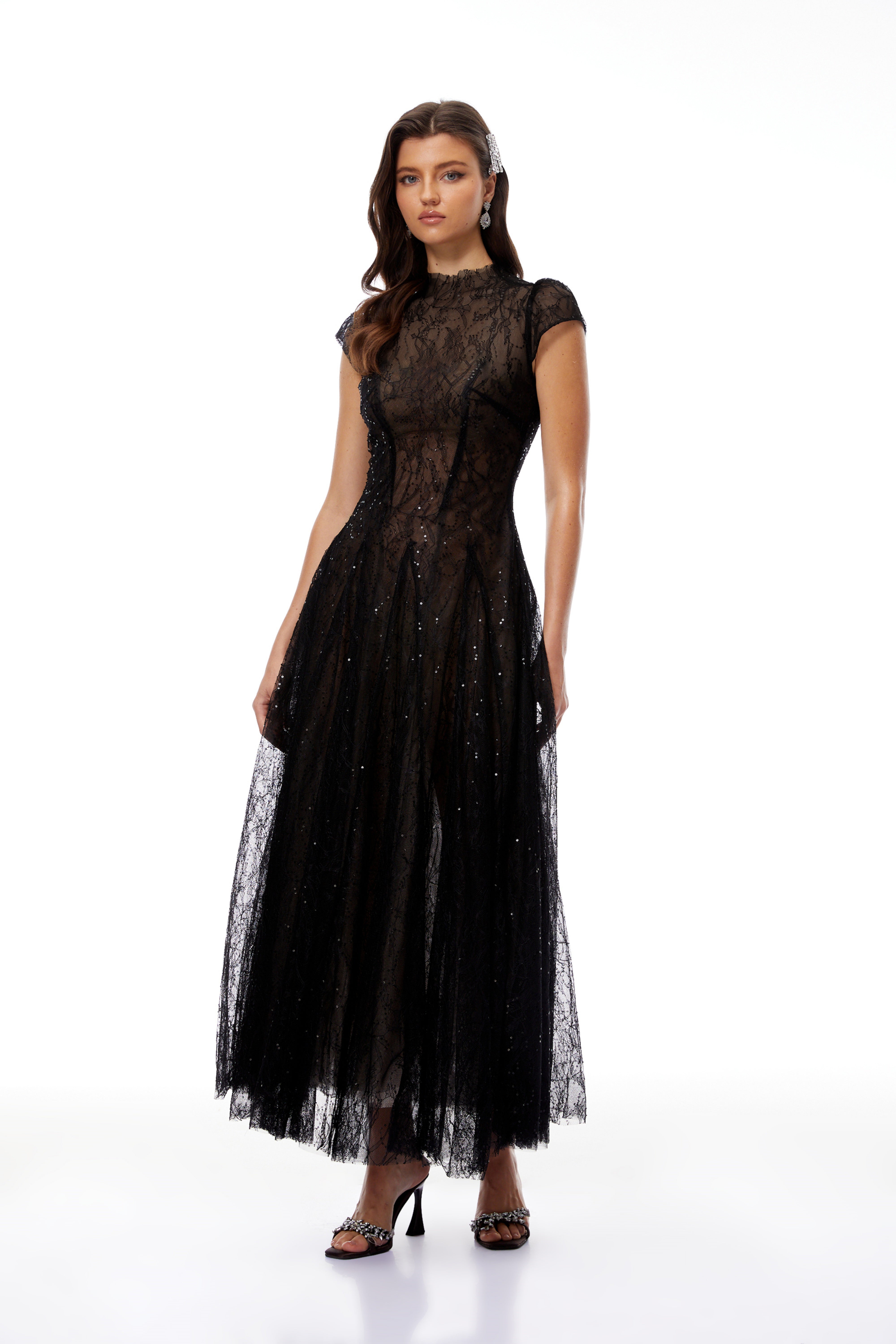Black Lace Glitter Tulle Maxi Gown