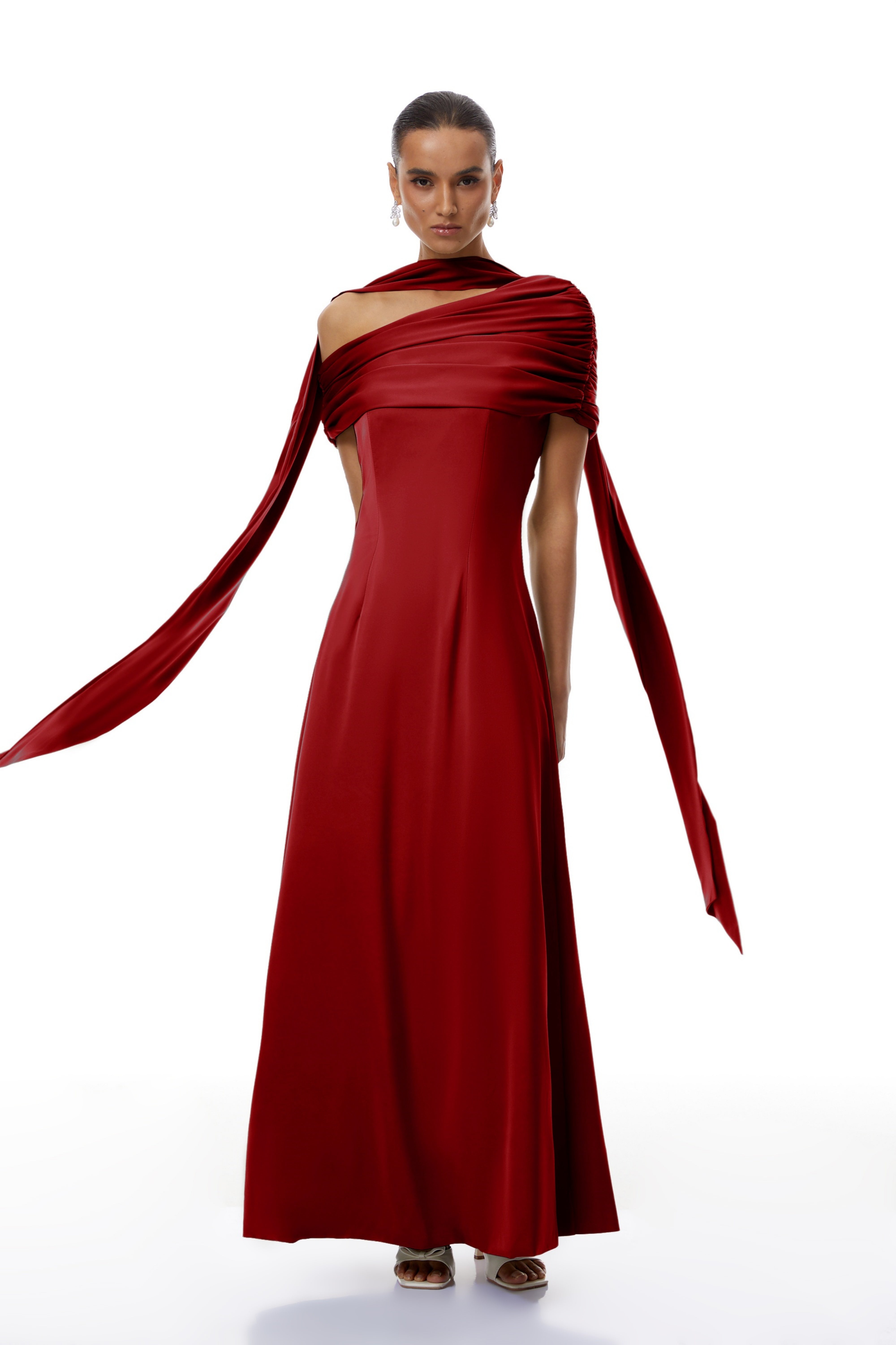 Red One-shoulder Satin Maxi Dress