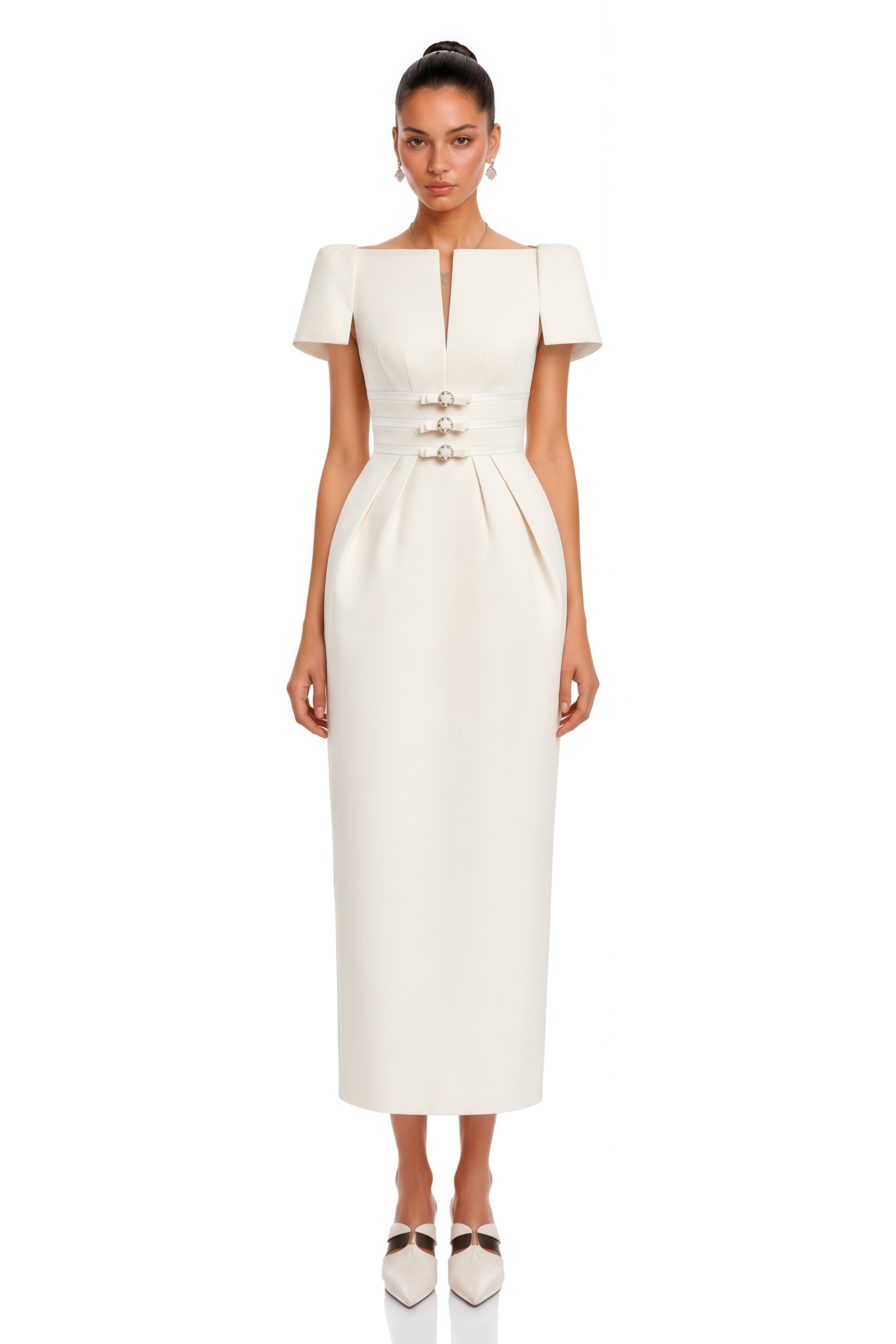 Antoinette Neutral Floral Jacquard Bowknot Midi Dress