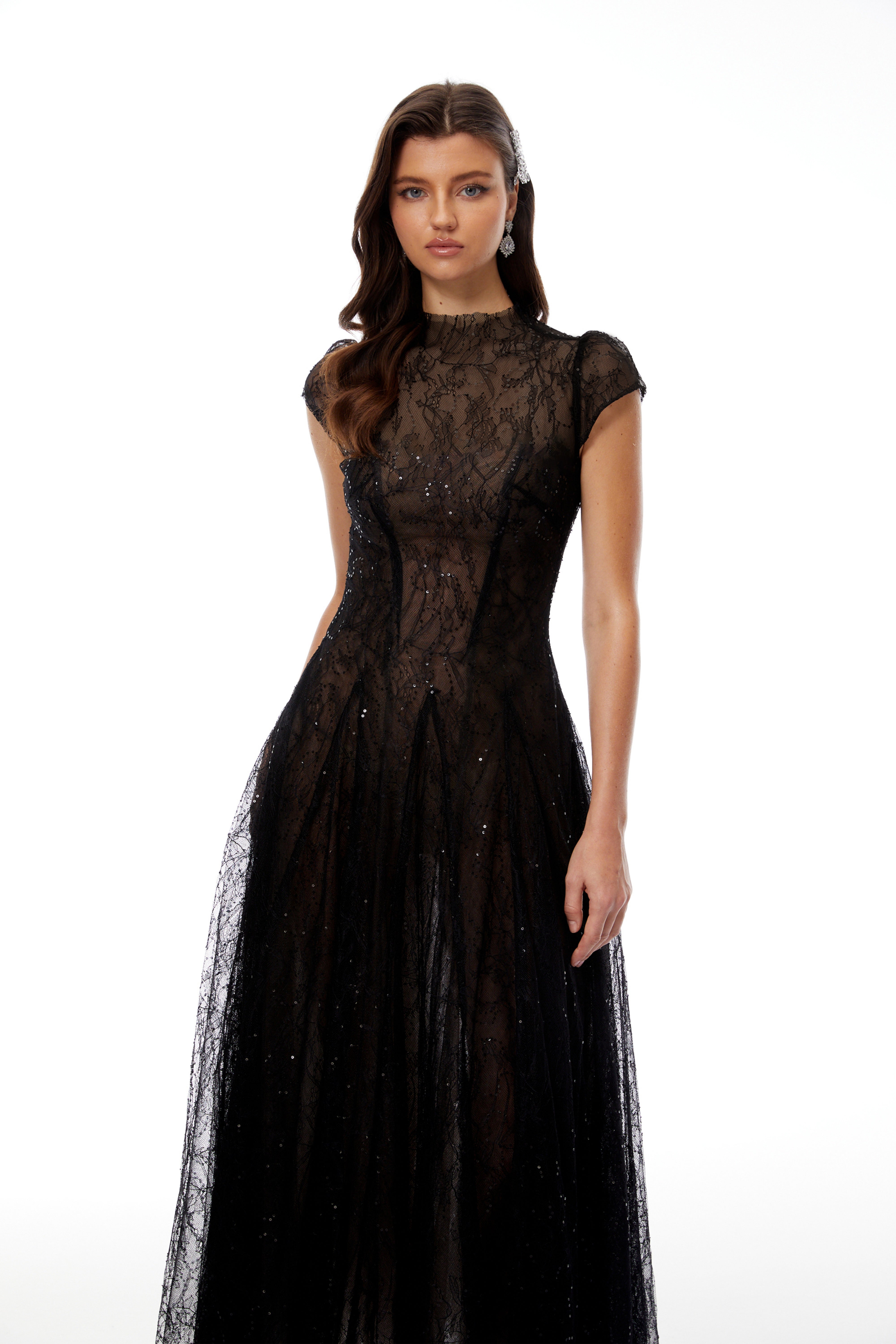 Black Lace Glitter Tulle Maxi Gown
