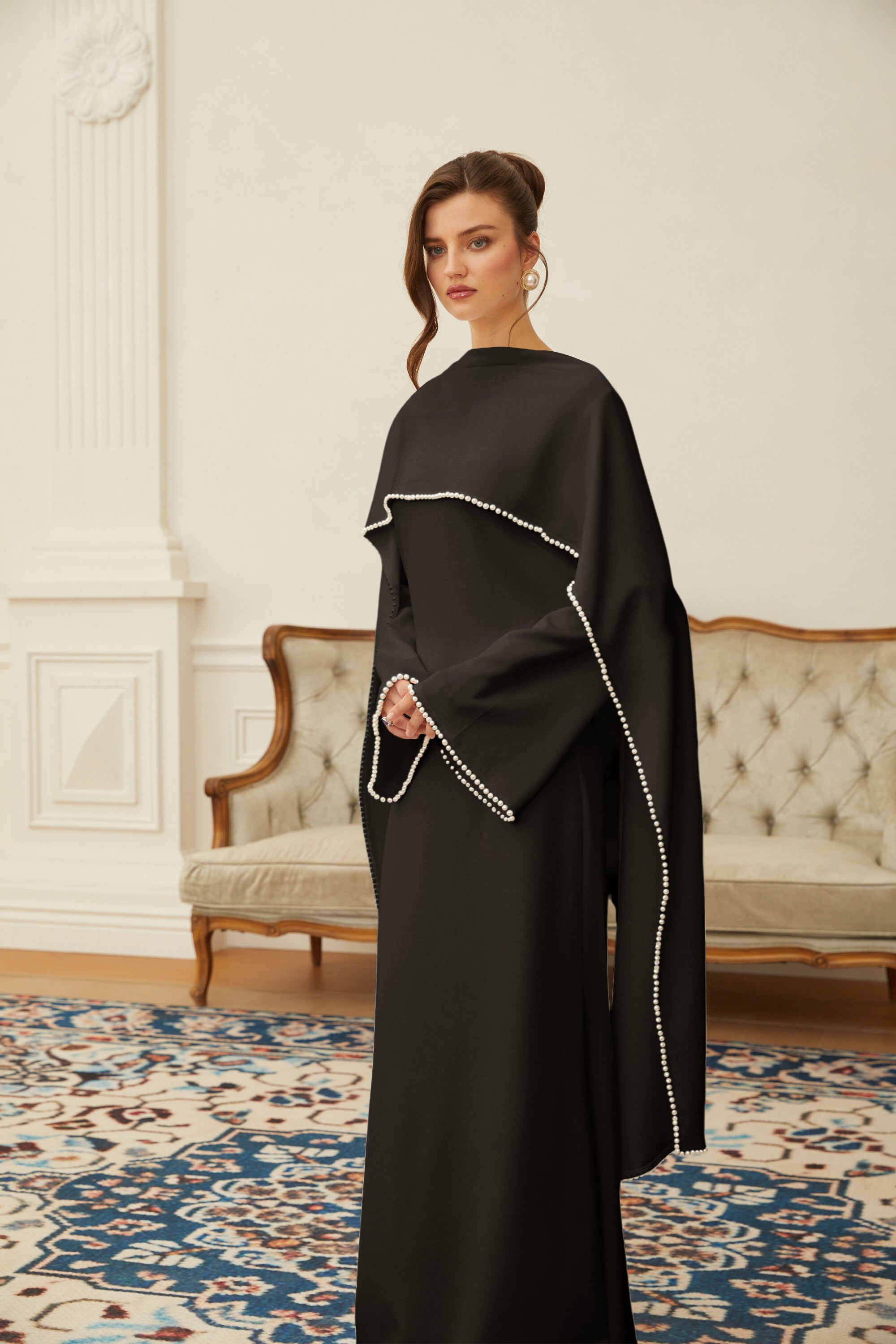 Pearl Trim Shawl Detail Maxi Dress