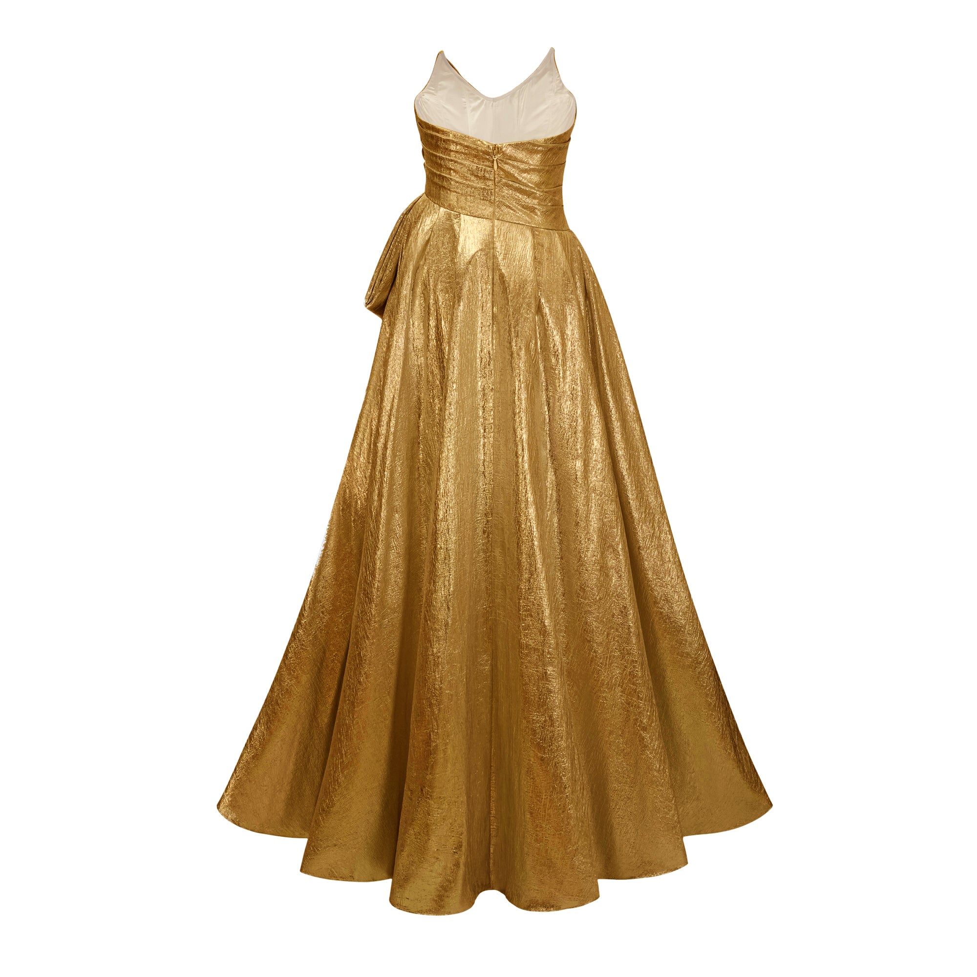 Metallic gold strapless gown with high slit