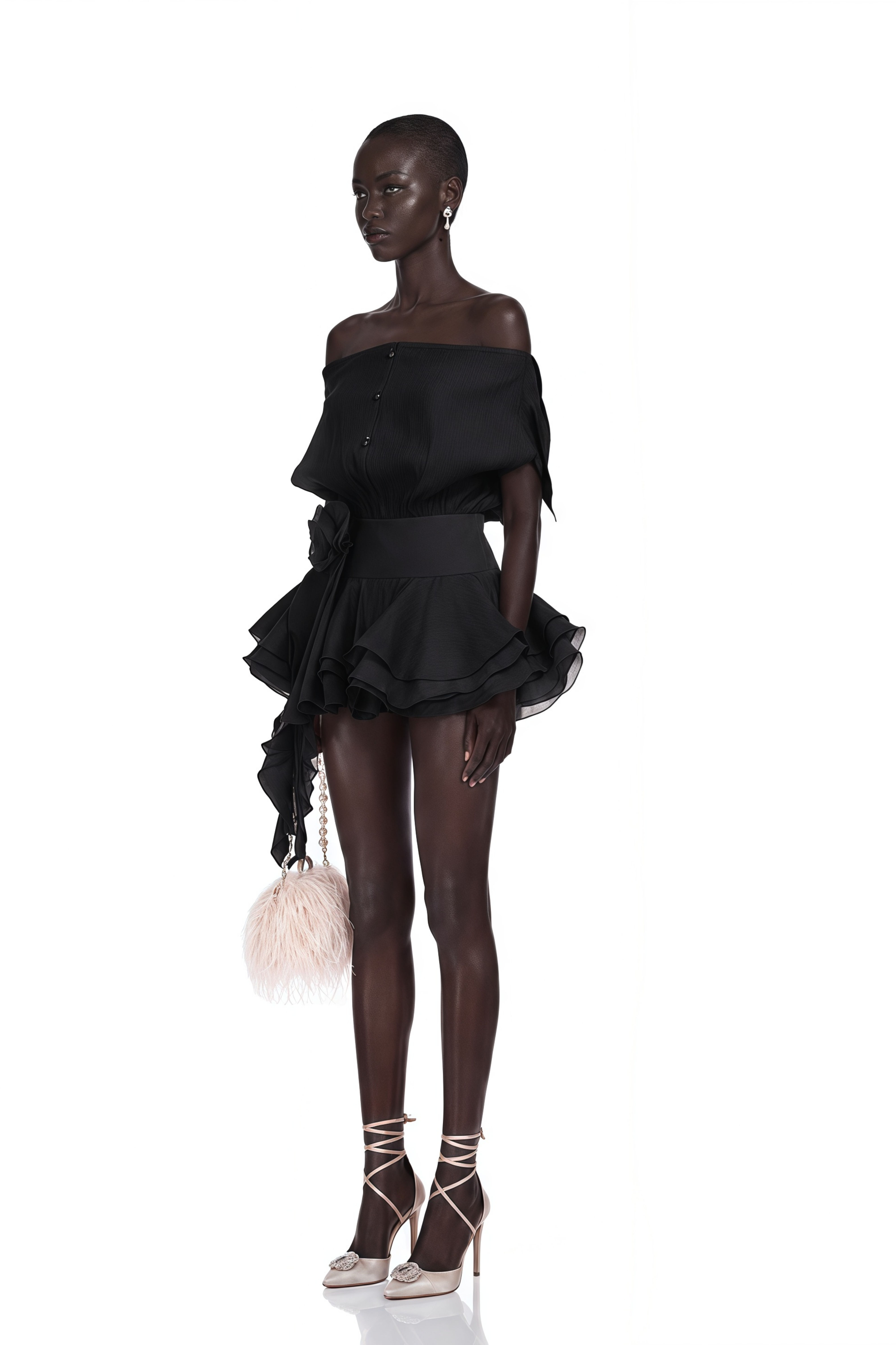 Amélie Black Floral Appliqué Flounced Mini Dress
