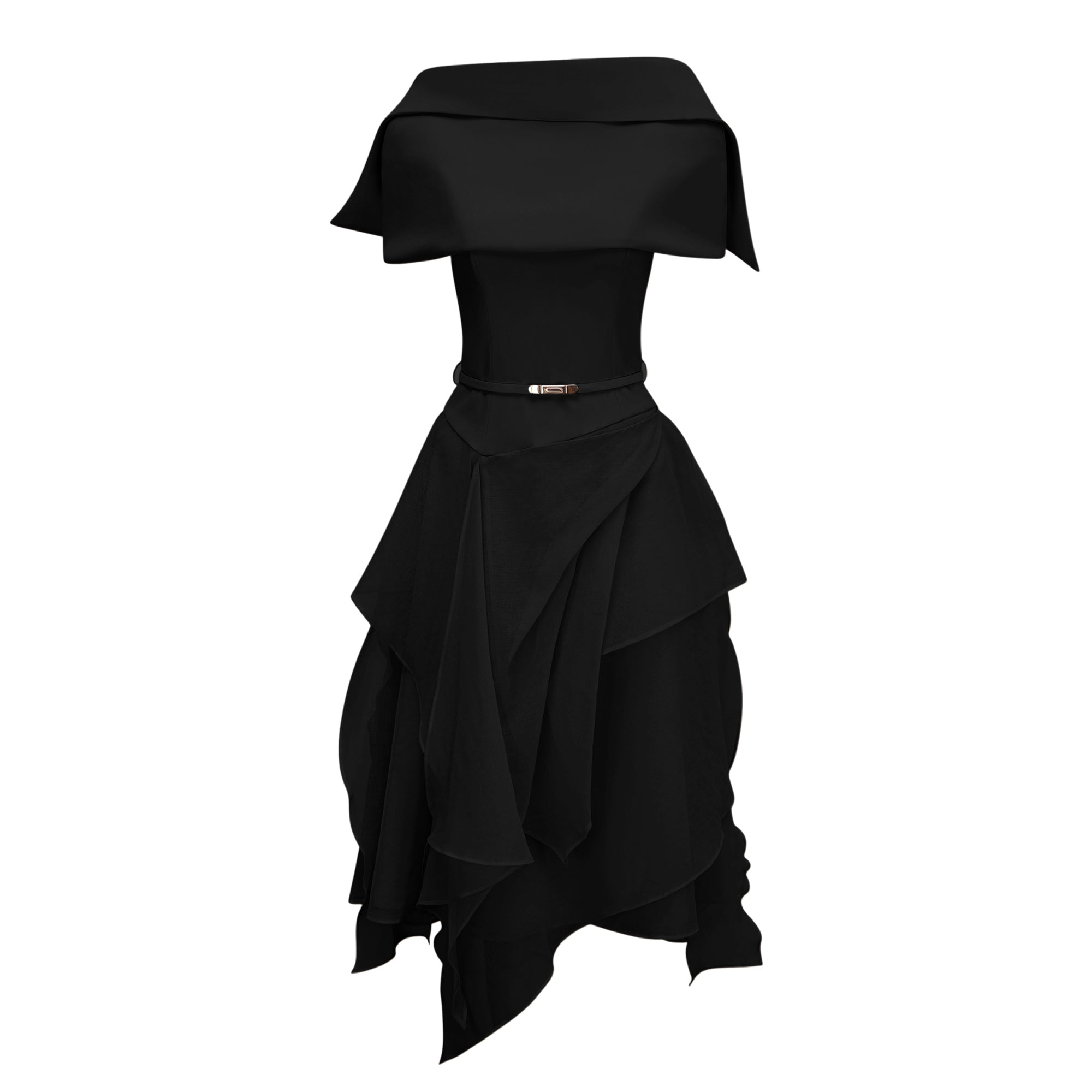 Asymmetrical Shawl & Tulle Panel Dress