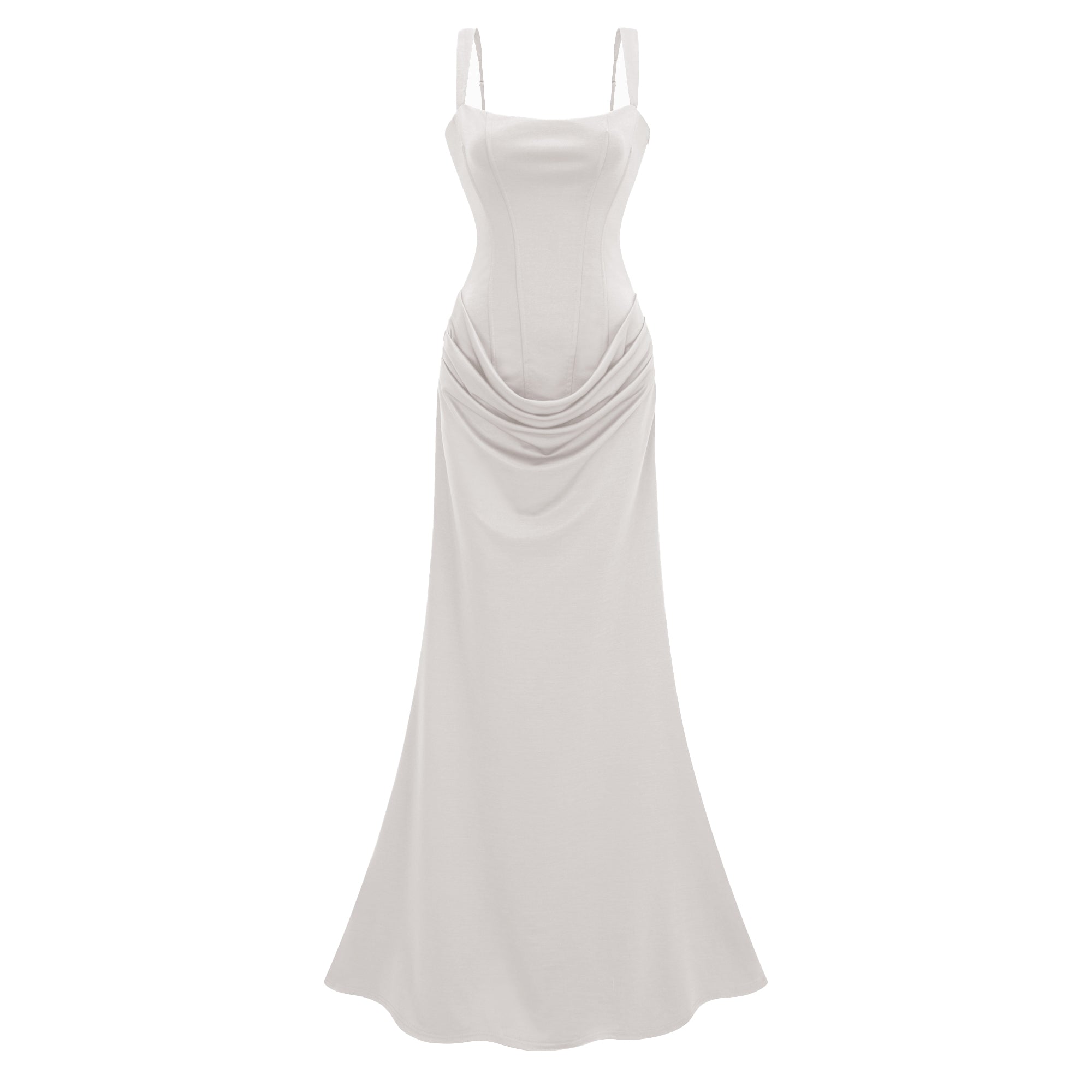 White gown with a corset bodice and a draped waist