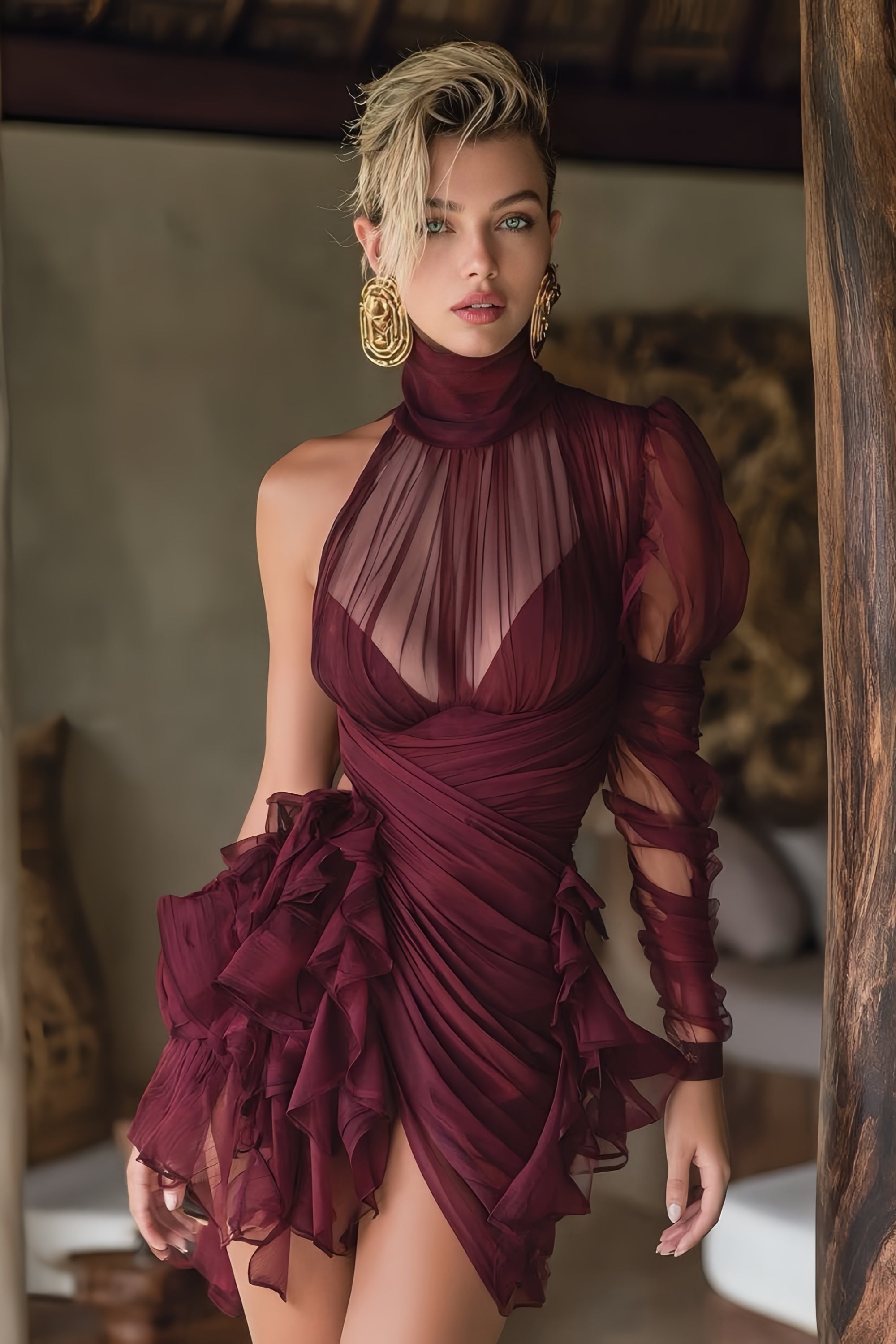 Burgundy Asymmetrical Ruffled Tulle Mini Dress