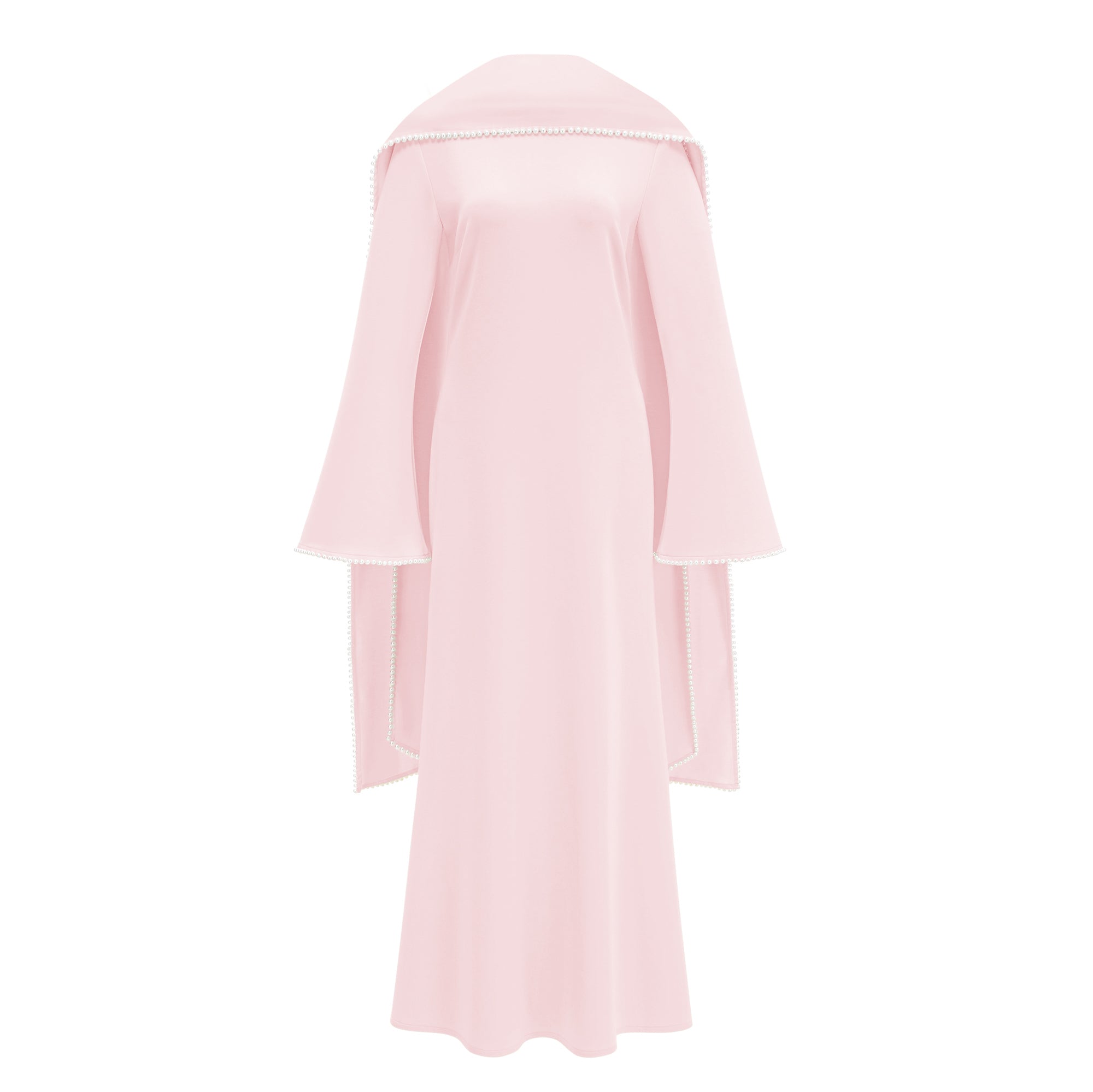 Pale pink long-sleeve maxi dress with a matching beaded cape overlay