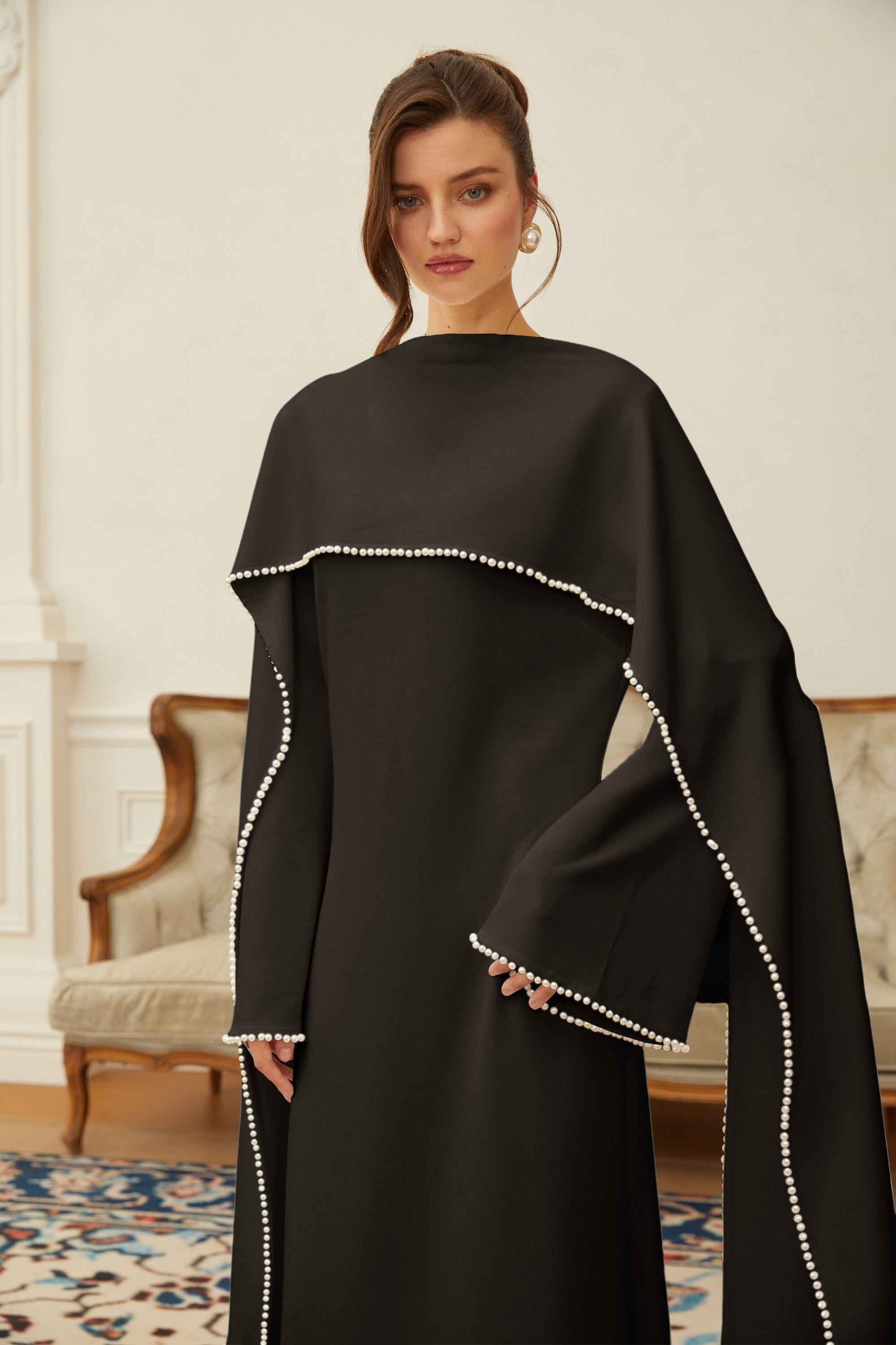 Pearl Trim Shawl Detail Maxi Dress