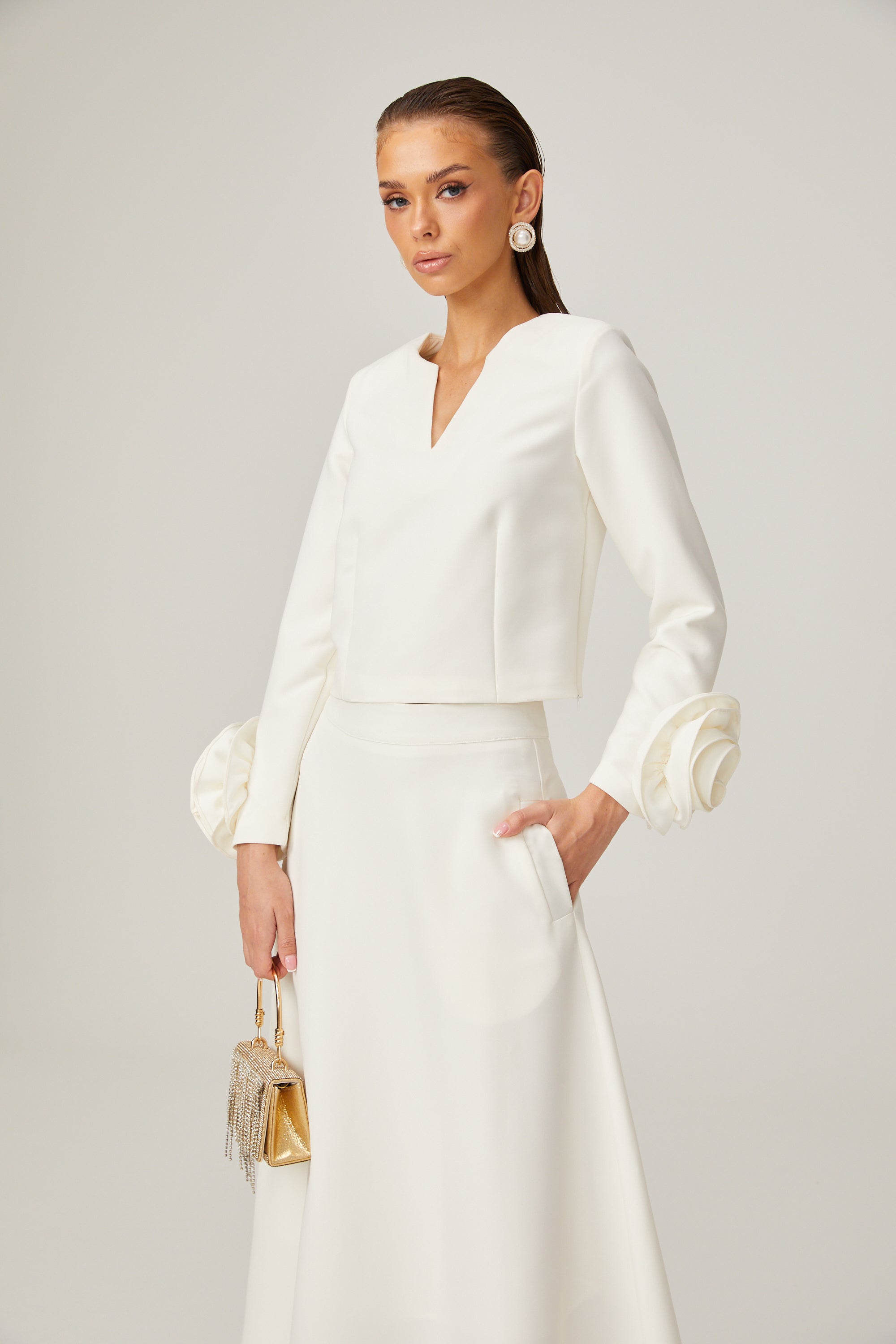 Hilaire white 3d-petal top & skirt matching set – Miss Rosier