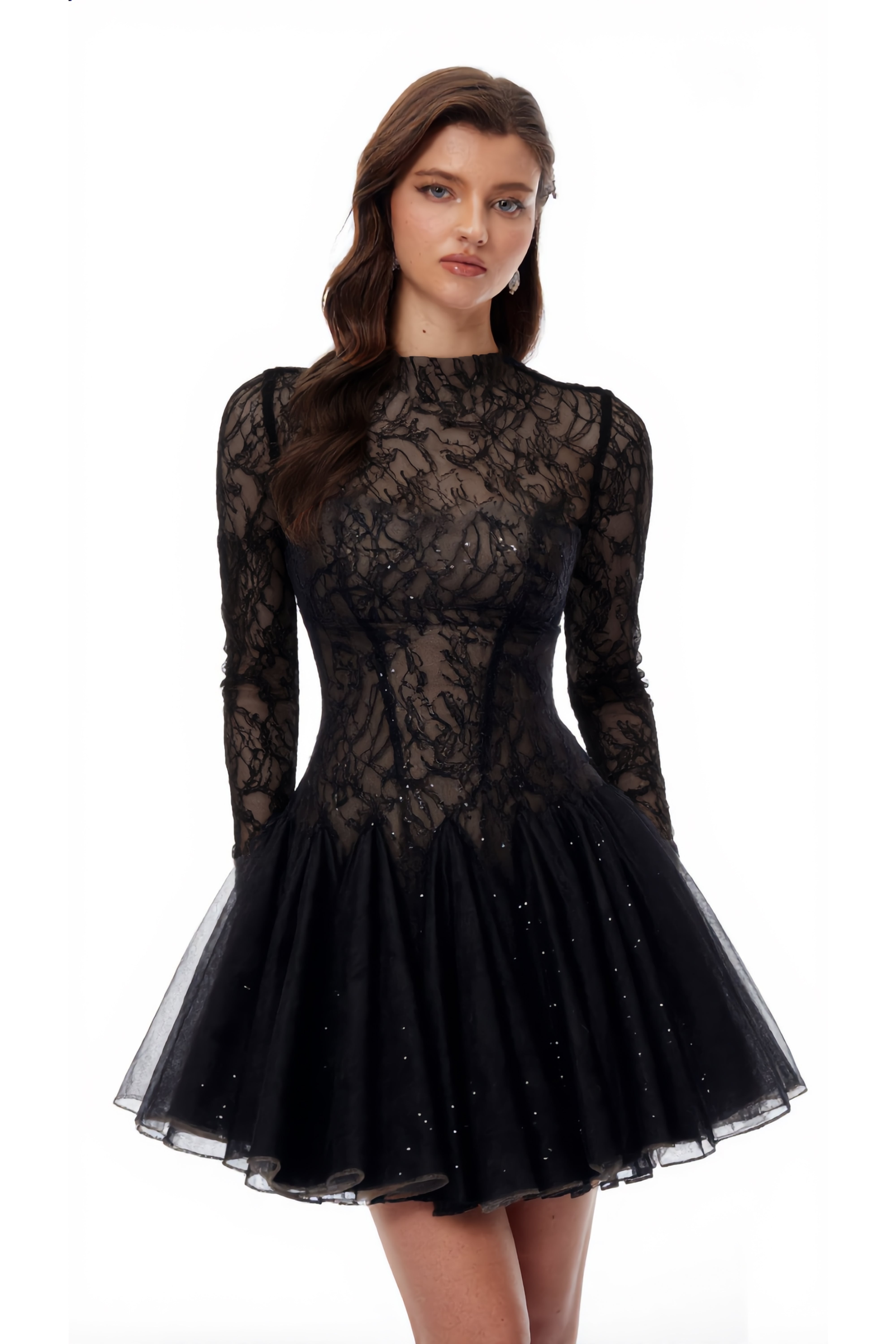 Black Sequined Floral Lace Mini Dress