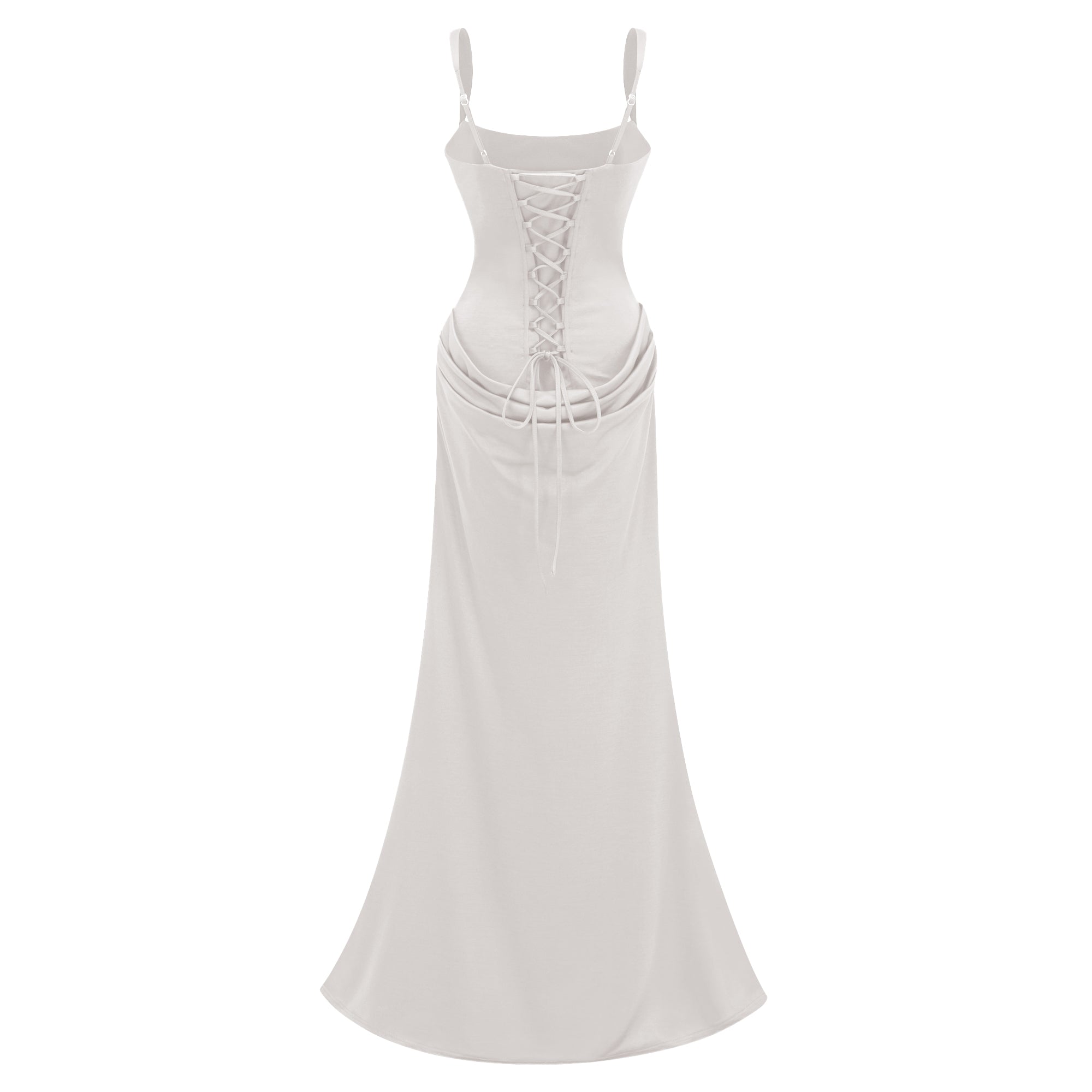 White gown with a corset bodice and a draped waist