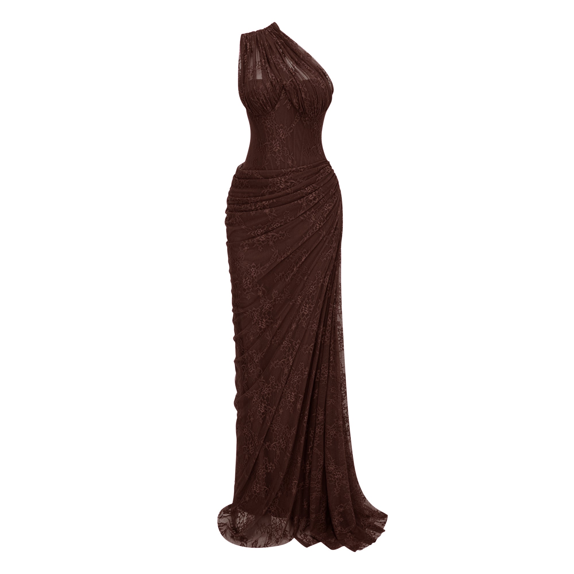 Brown lace maxi dress with a one-shoulder neckline, structured corset bodice, and draped asymmetric skirt