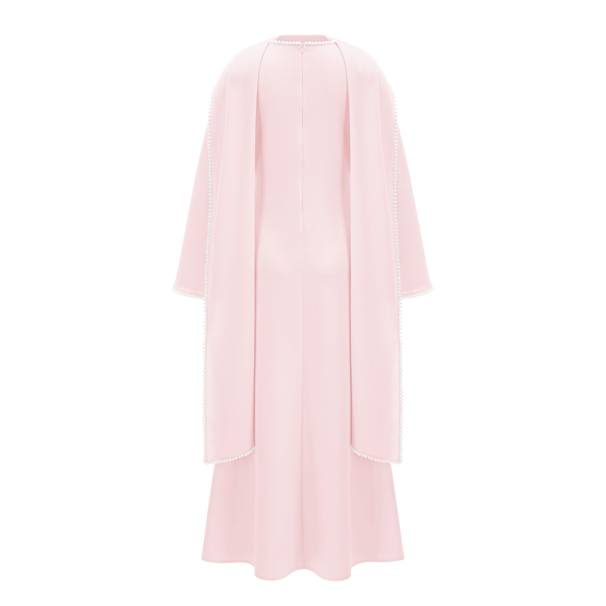 Pale pink long-sleeve maxi dress with a matching beaded cape overlay