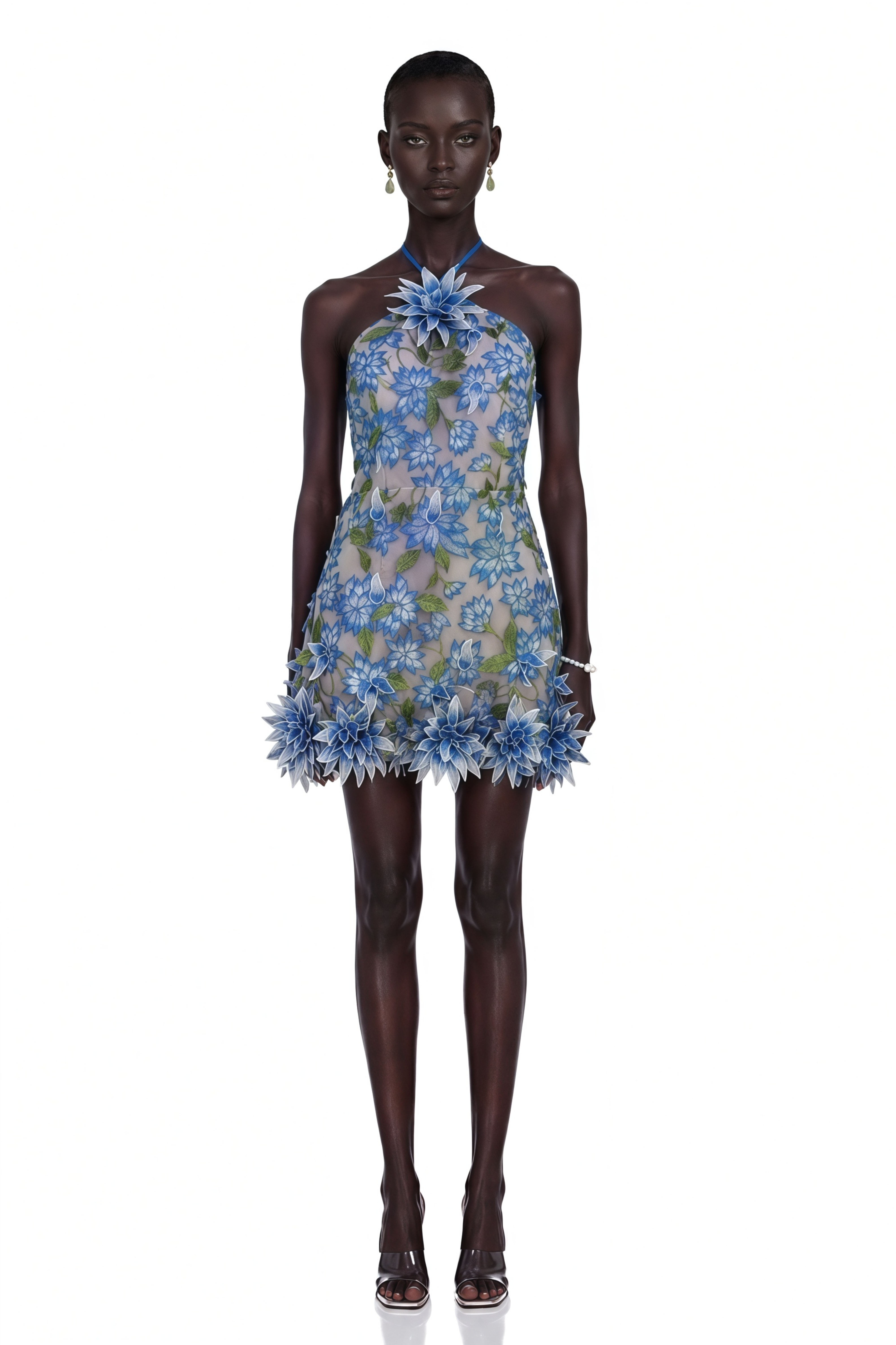Doriane Blue Halterneck Floral Embroidered Mini Dress