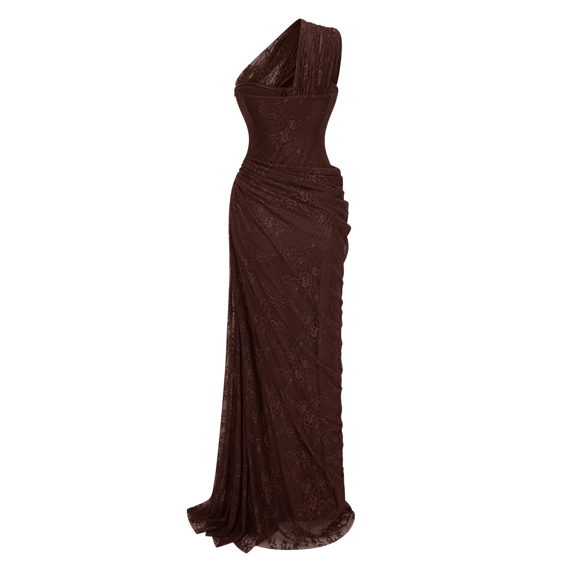 Brown lace maxi dress with a one-shoulder neckline, structured corset bodice, and draped asymmetric skirt