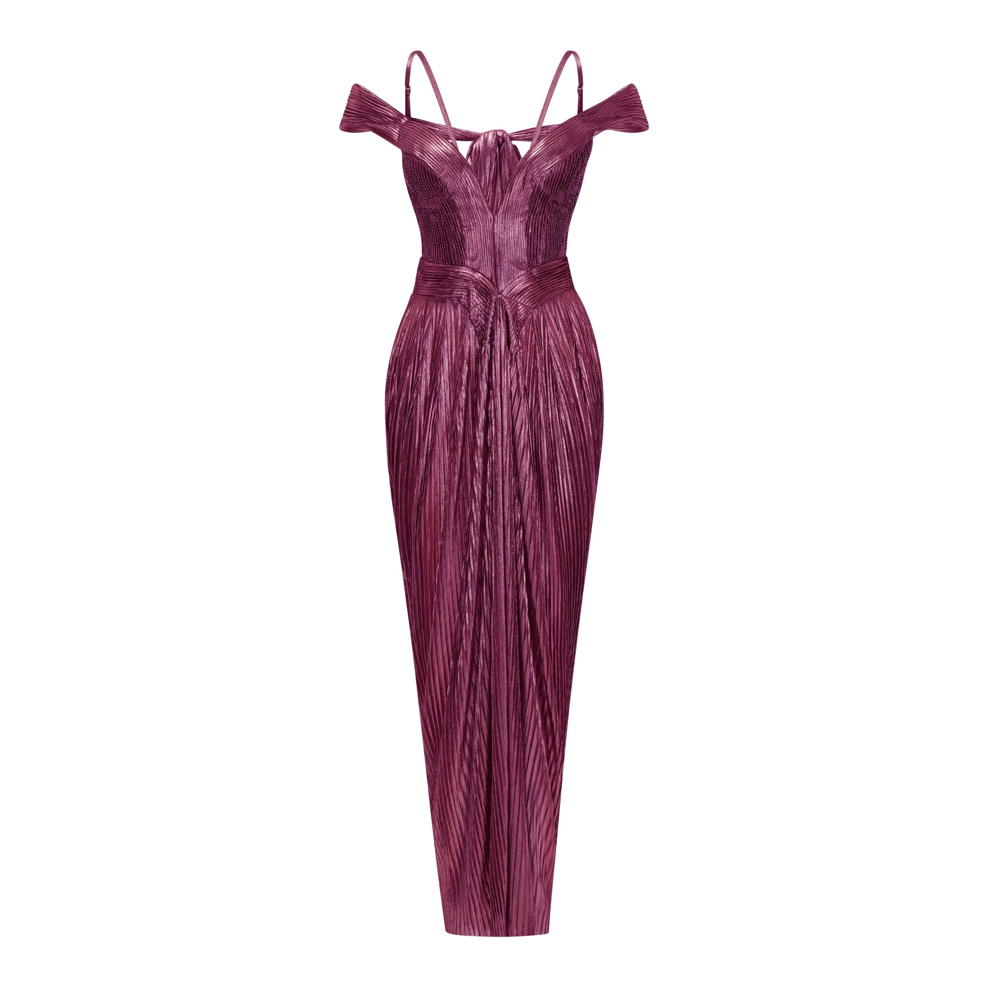 Burgundy metallic plissé maxi dress featuring a plunging V-neckline with off-the-shoulder straps and thin halter cords