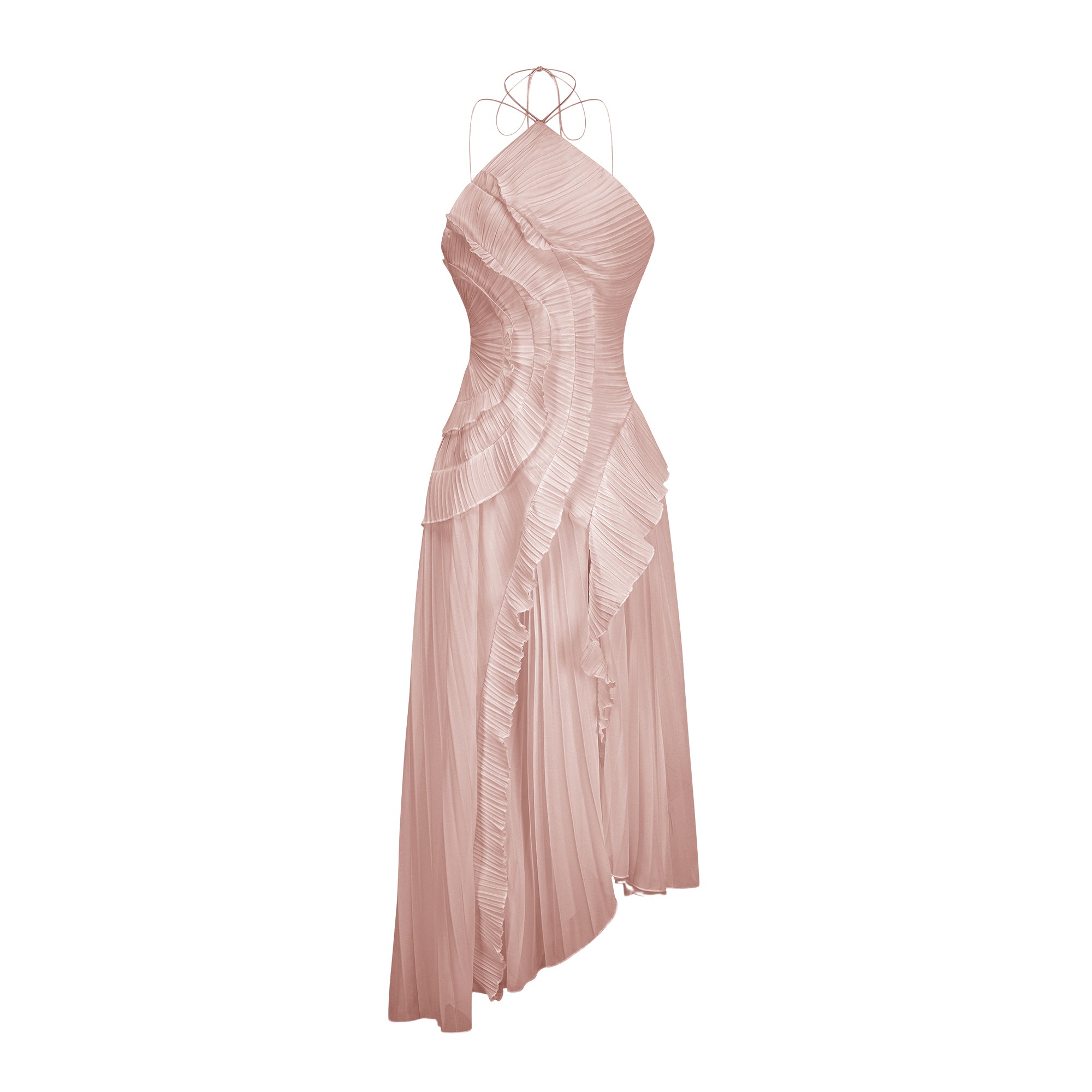 Pleated Frill Halter Neck Midi Dress