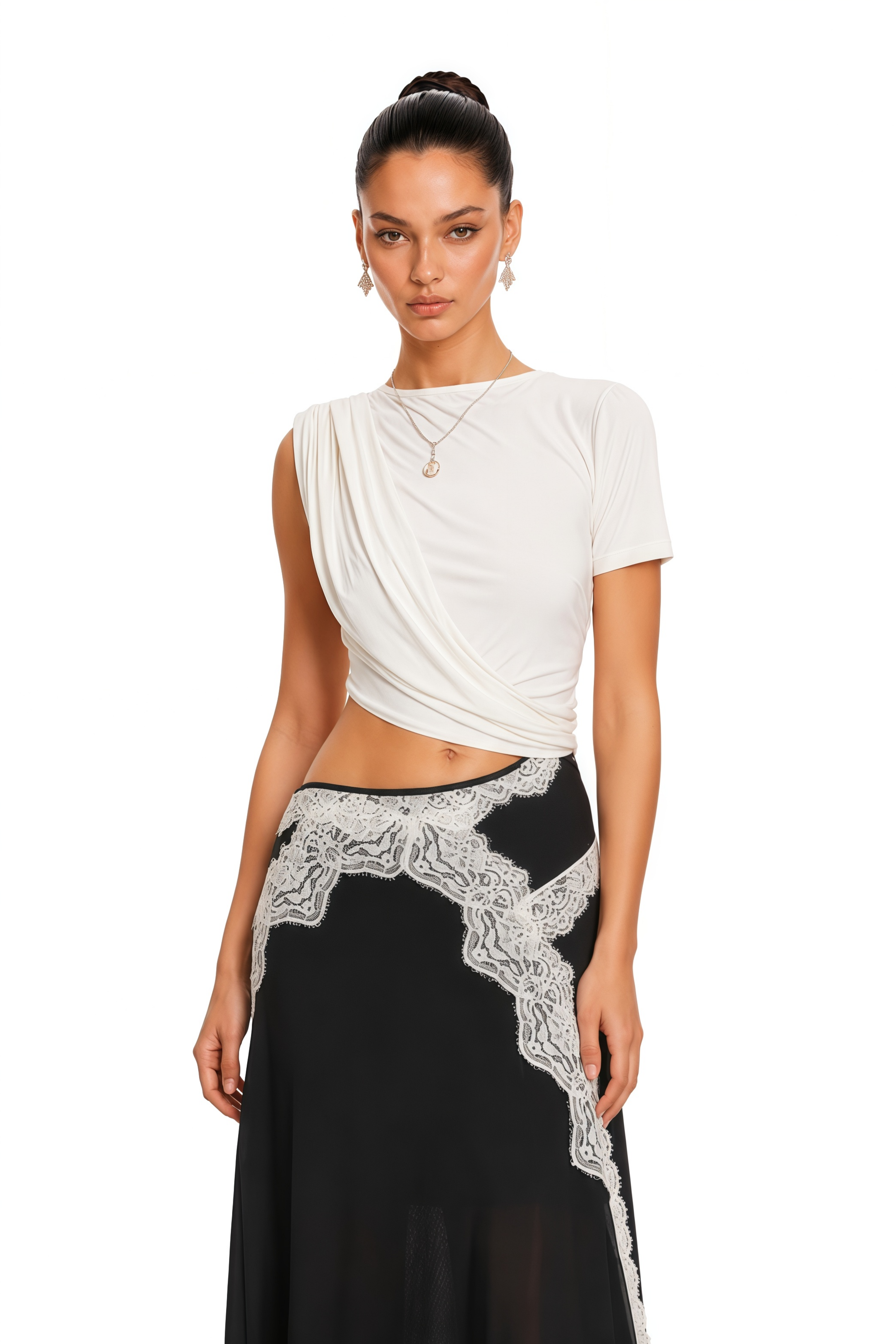Fiamma Color Block Gathered Lace Panel Maxi Dress