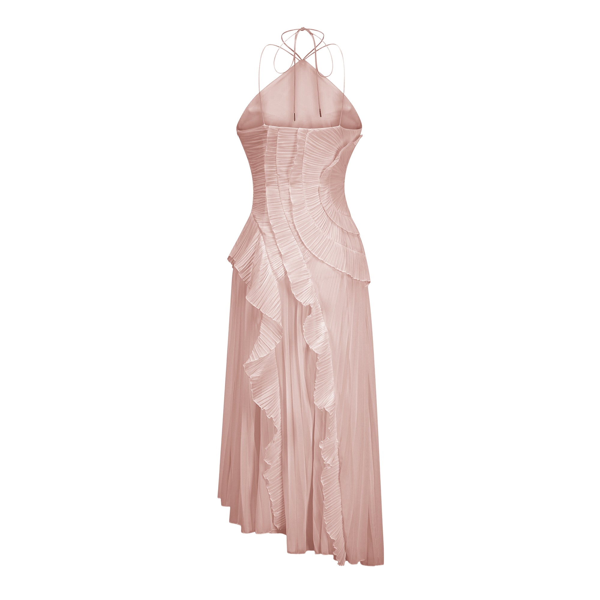 Pink Ruffled Pleated Midi Dress