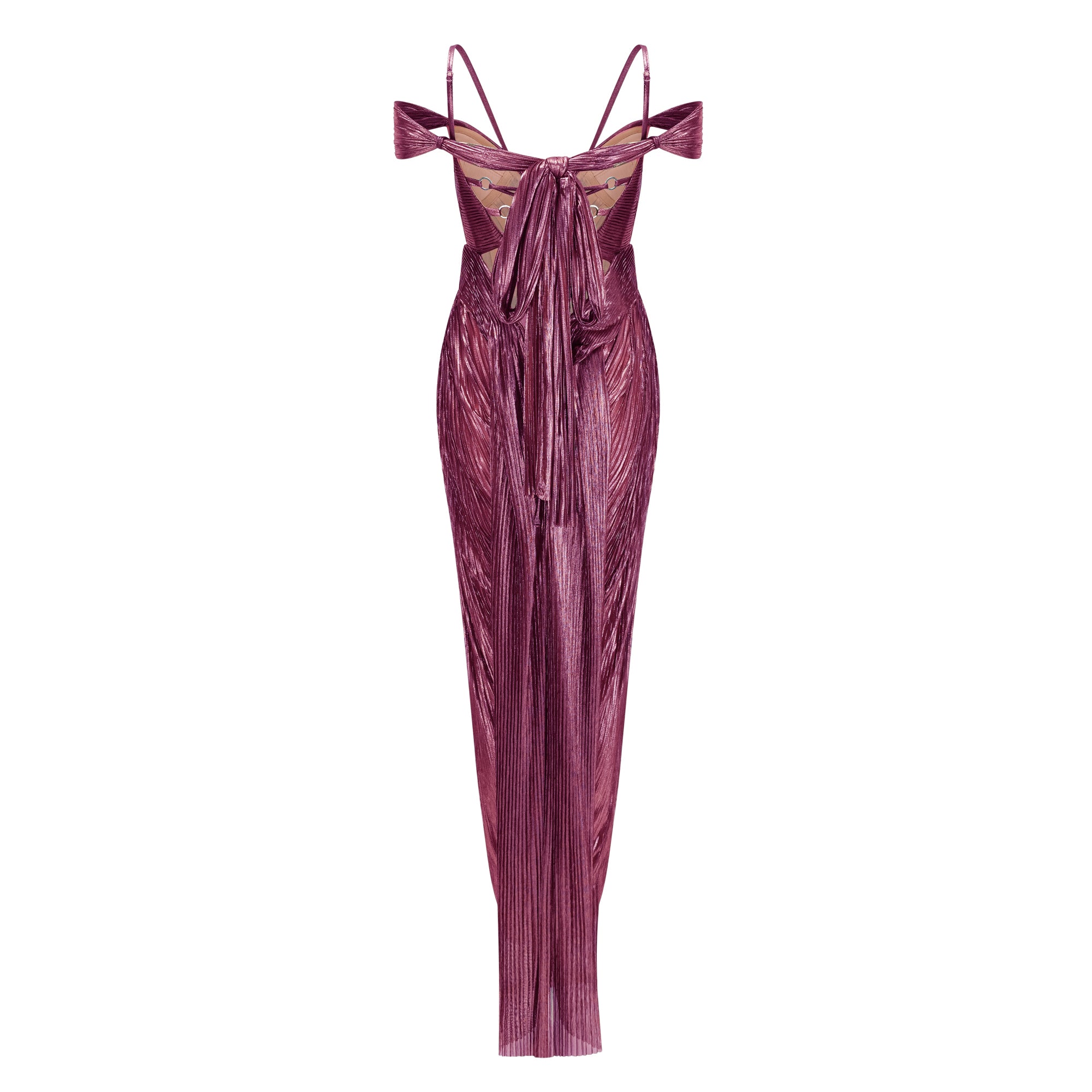 Burgundy metallic plissé maxi dress featuring a plunging V-neckline with off-the-shoulder straps and thin halter cords