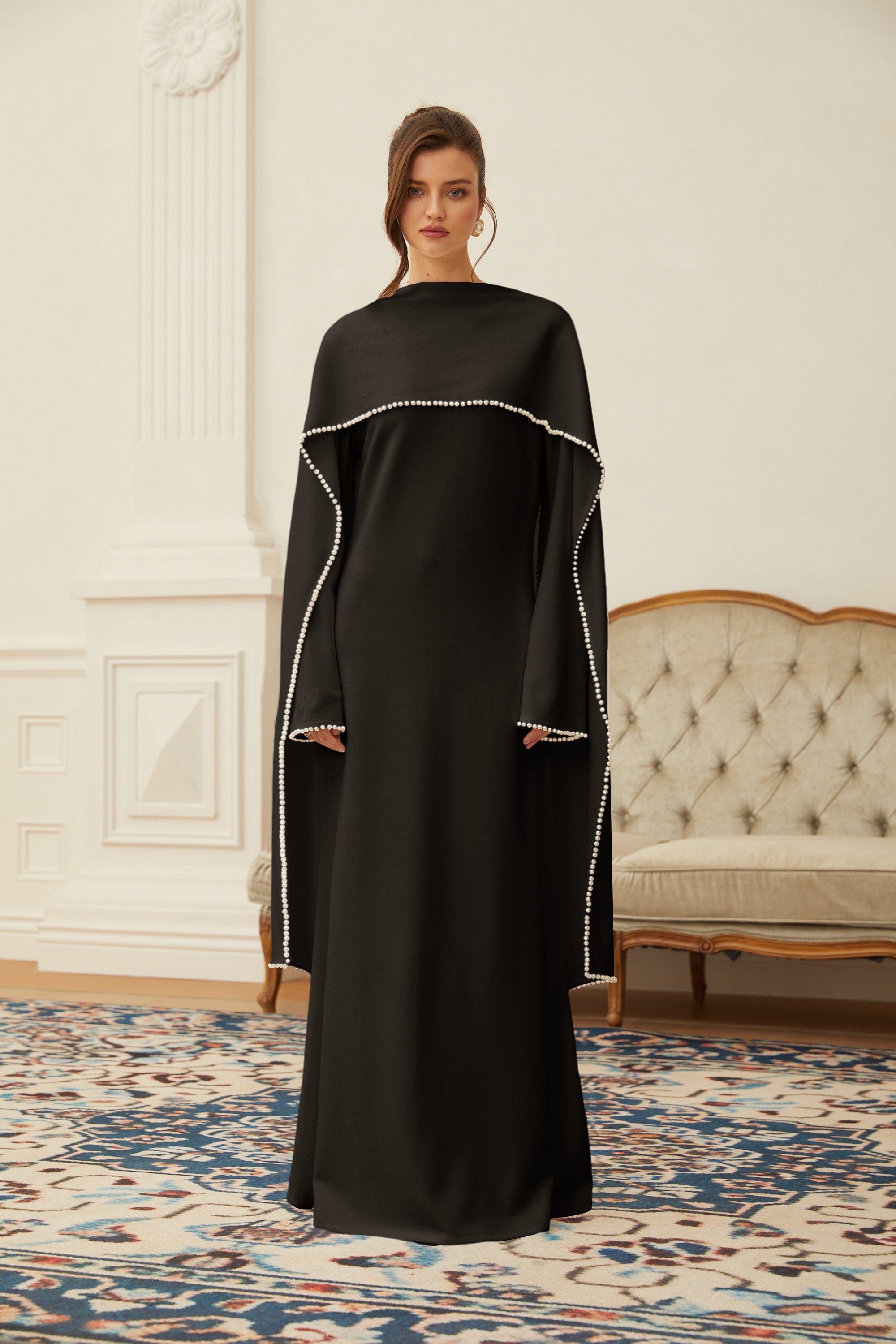 Pearl Trim Shawl Detail Maxi Dress