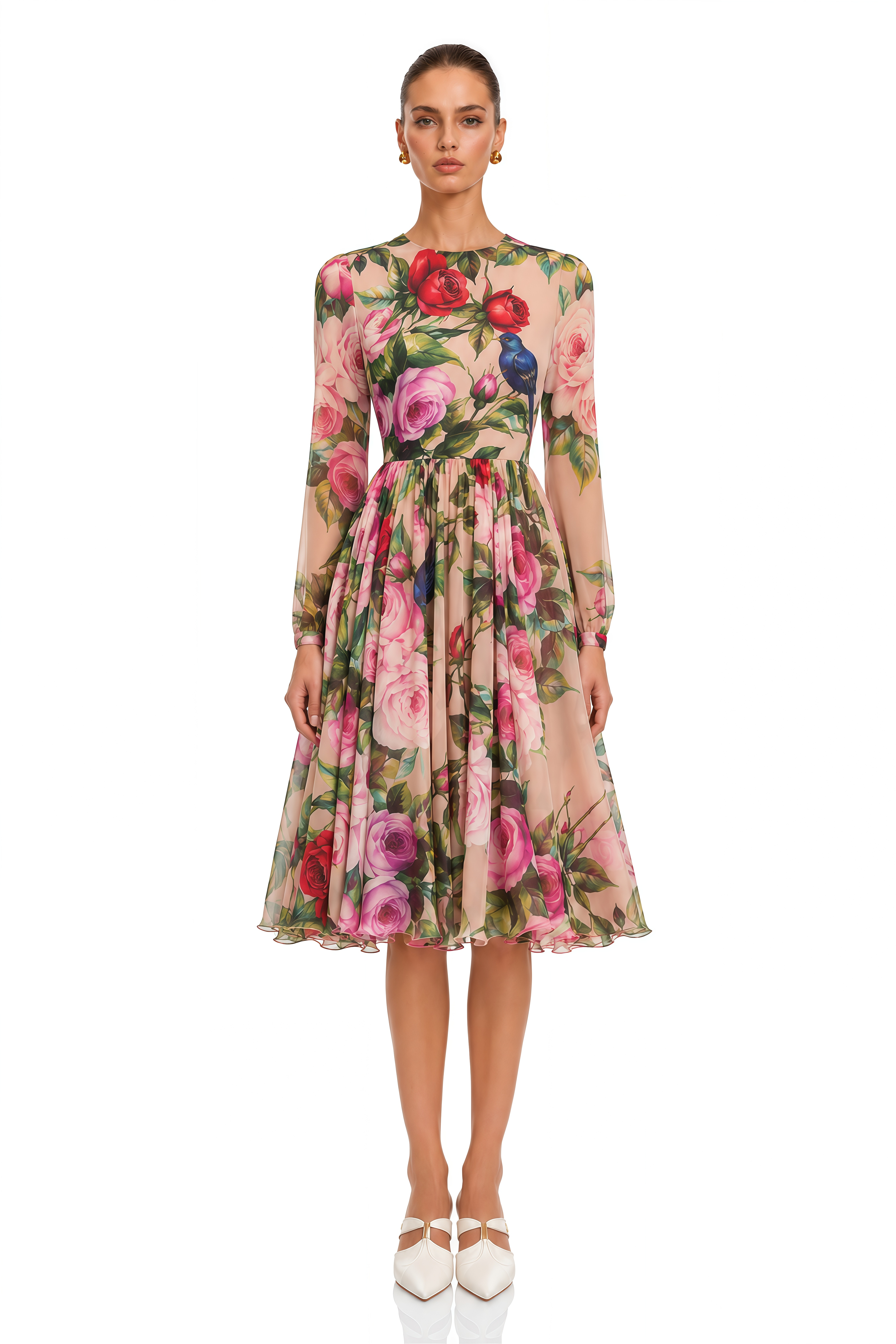 Coralie Pink Rose Print Summer Silk Midi Dress