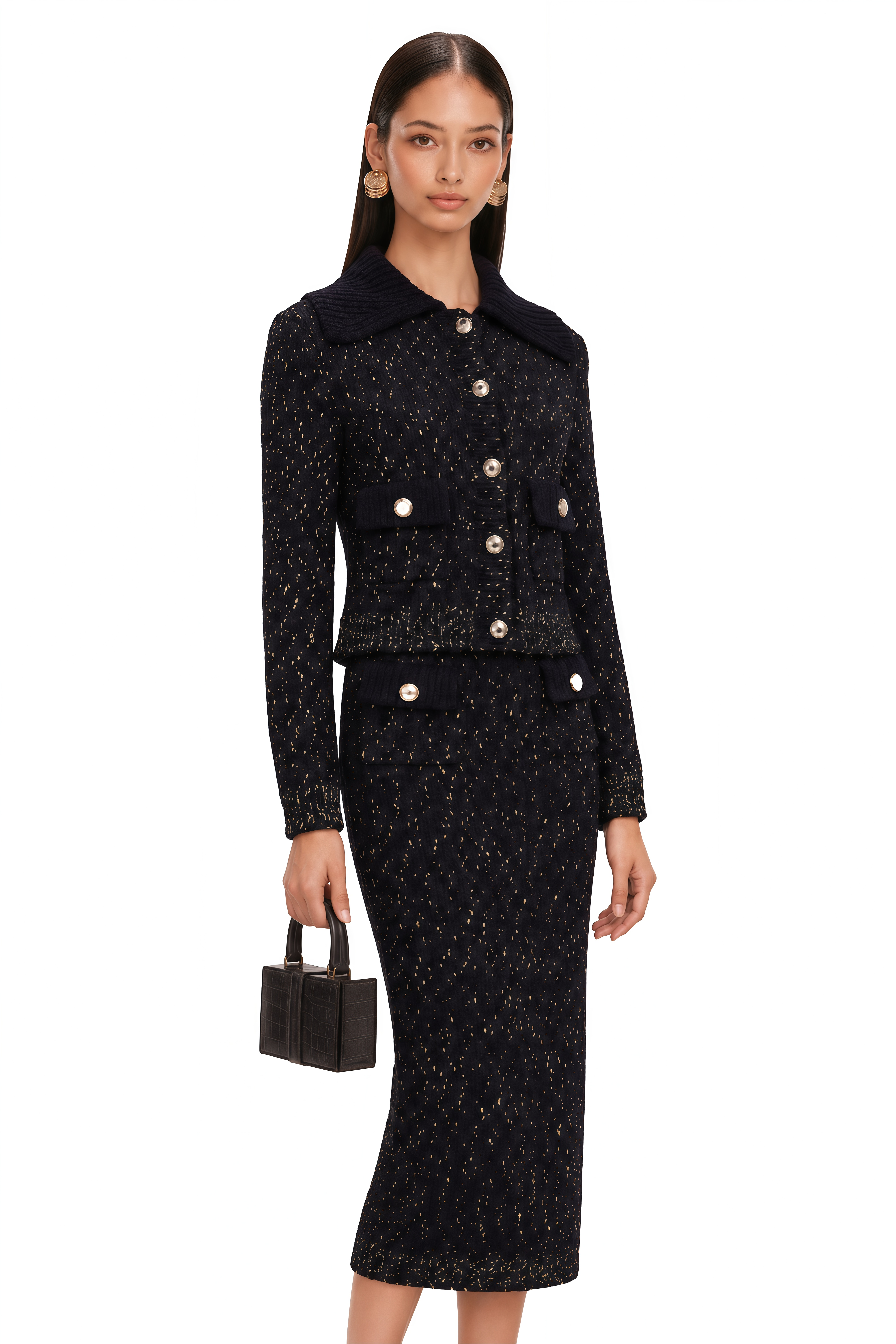 Claudine Navy Crochet-Knit Jacket & Skirt Matching Set