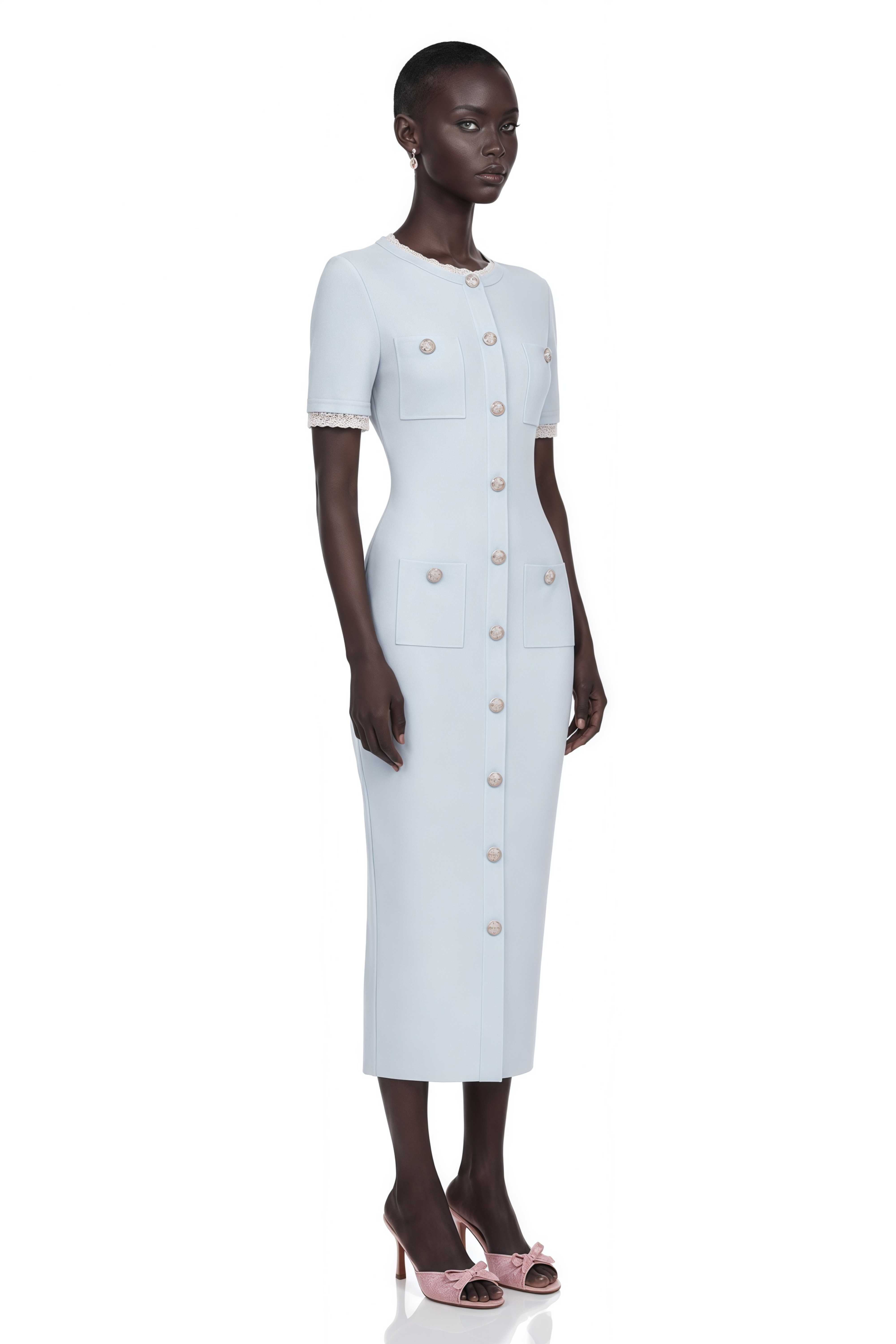 Mélisande Light-Blue Pencil-Silhouette Knit Midi Dress