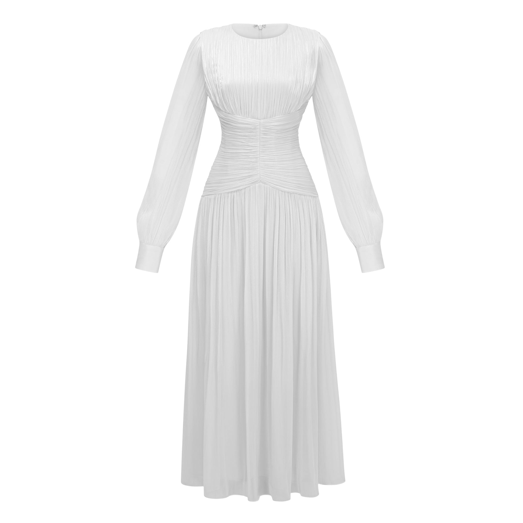 White maxi dress with a ruched bodice, round neckline, and long sheer sleeves