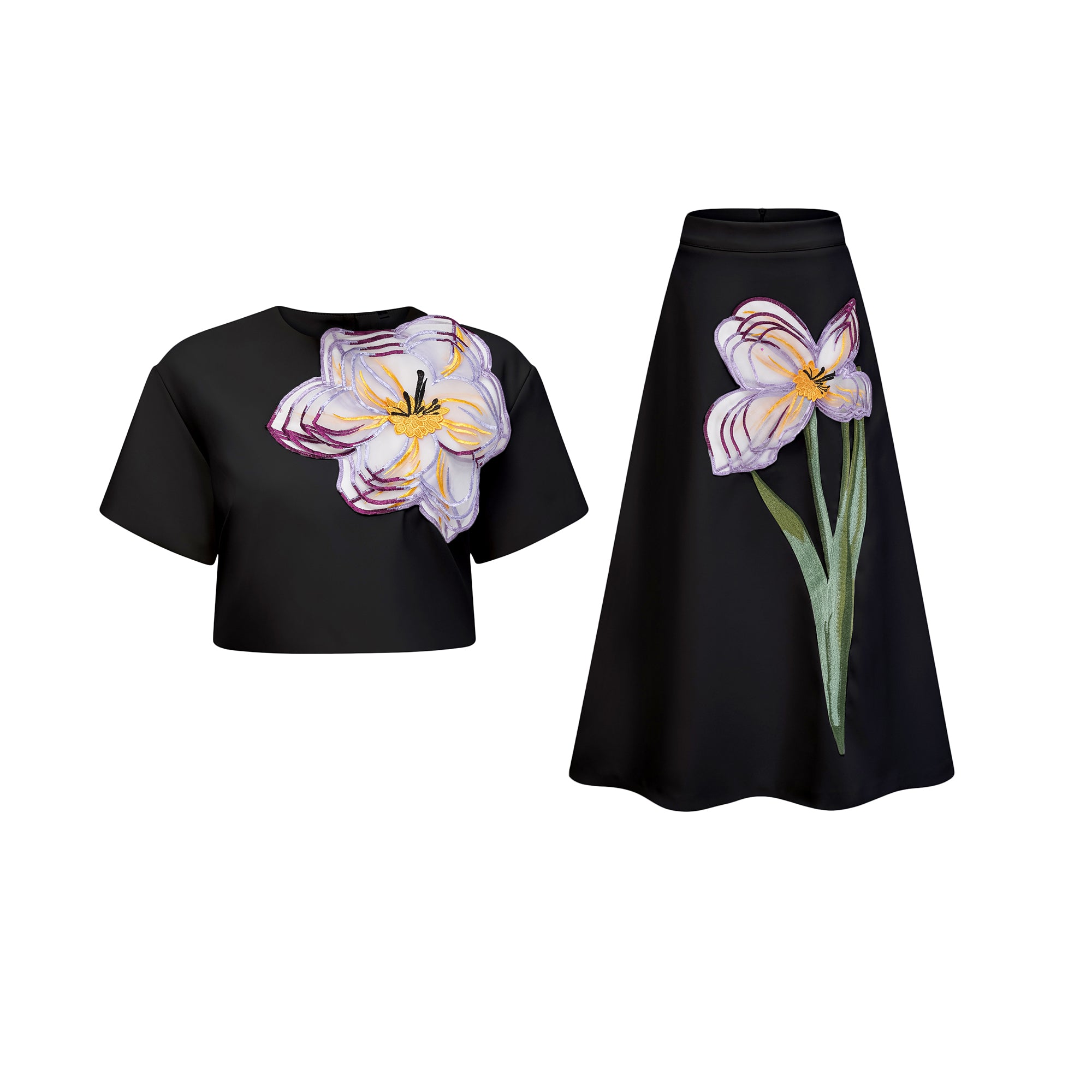 Black short-sleeve crop top and maxi skirt set with large floral embroidery