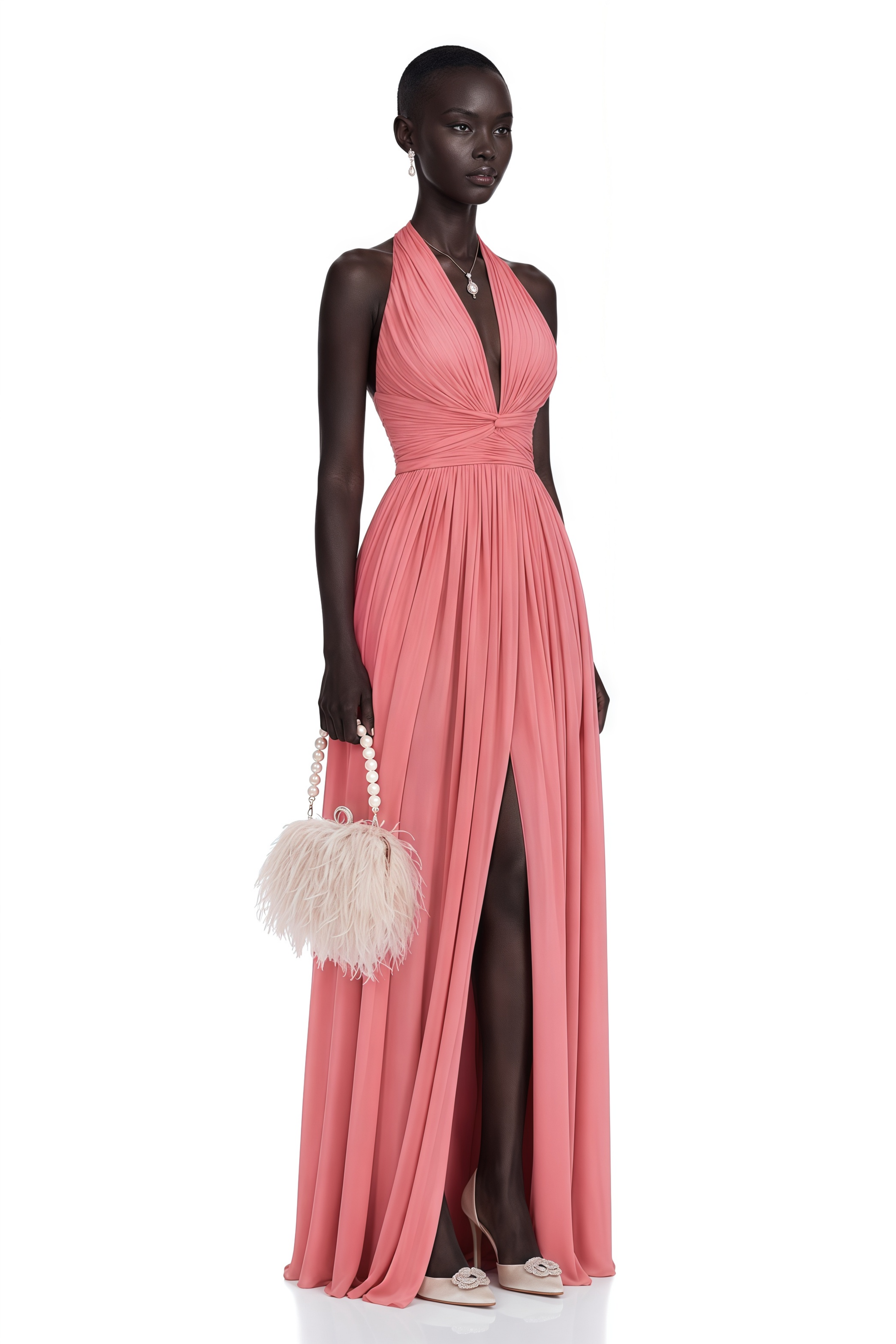Macioci Pink Halterneck Ruched Maxi Dress with Criss Cross Front