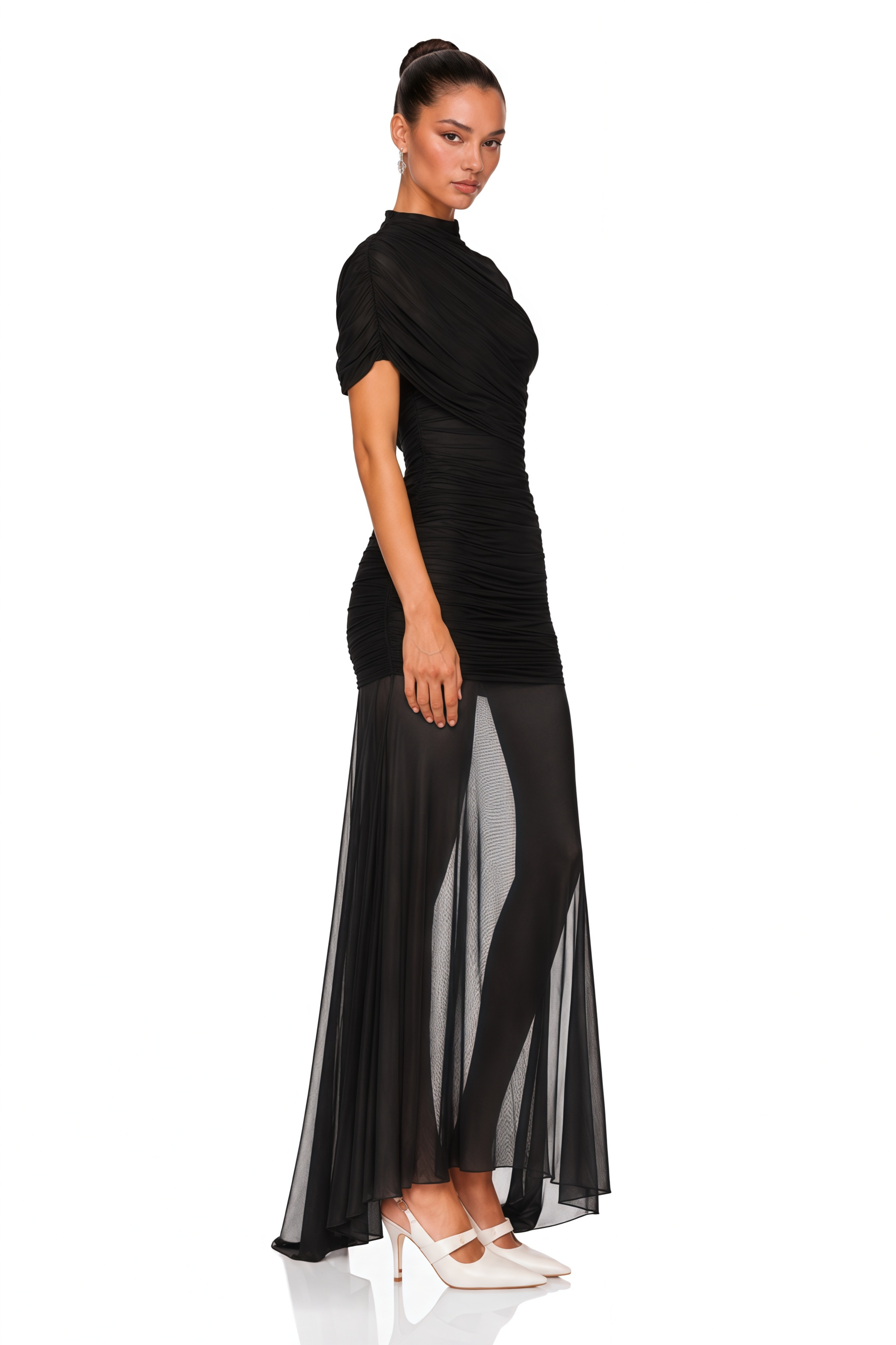 Sylphe Black Asymmetrical Ruched Mesh Maxi Dress