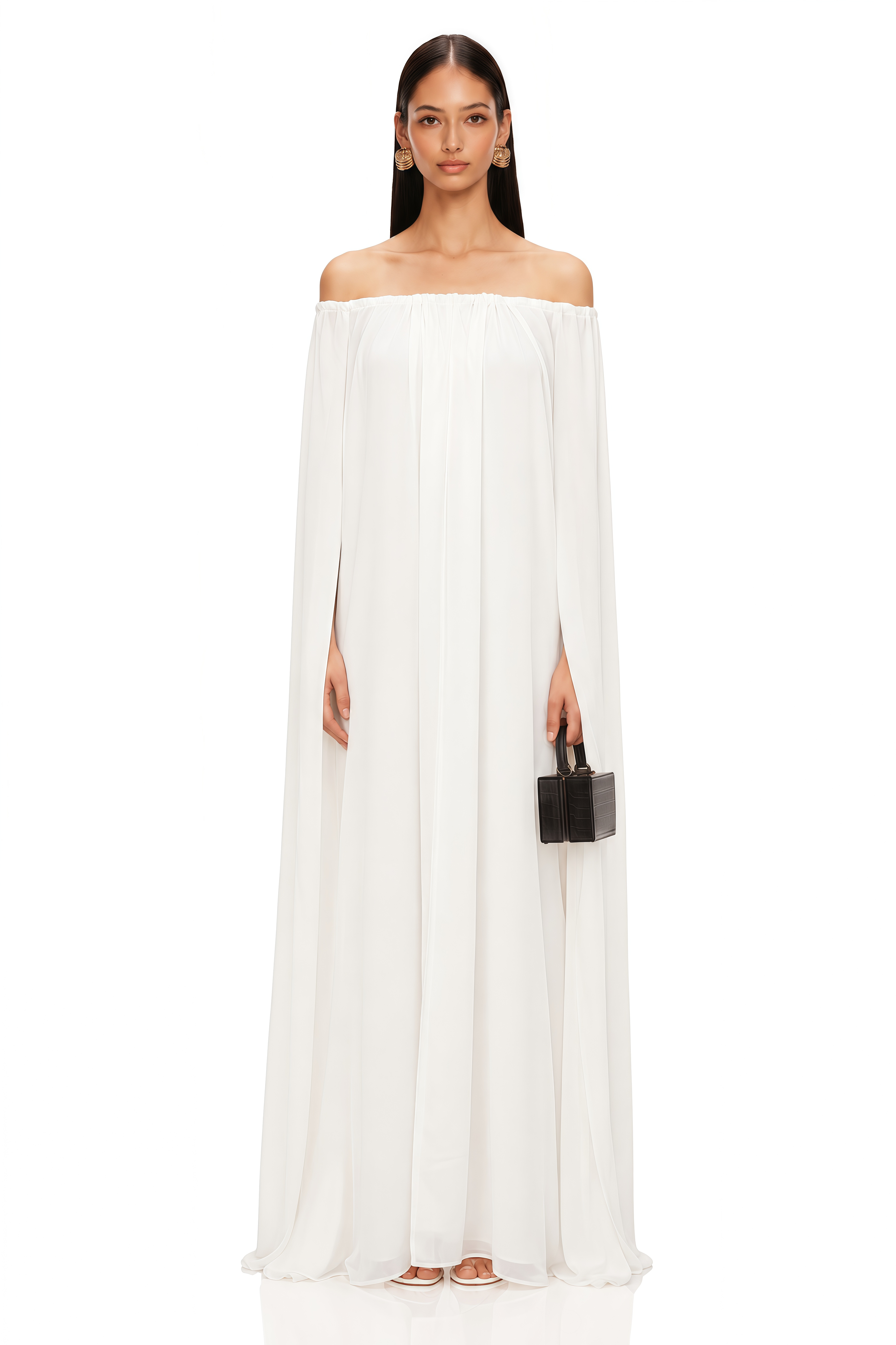 Patrizia White Cape-Design Draped Tulle Maxi Dress